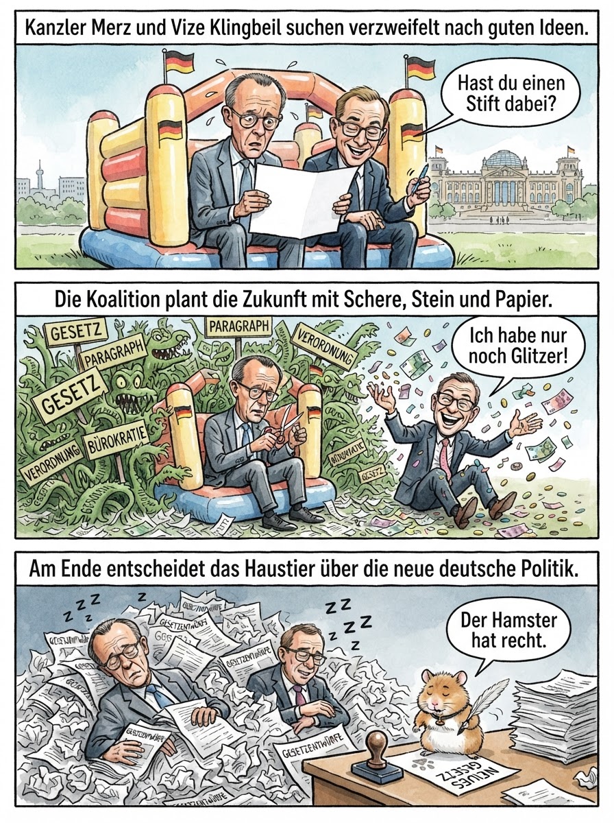 In einer geheimen Hütte werfen sich Kanzler Merz und Vize Klingbeil mit alten Aktenordnern ab, weil sie bis morgen eine Lösung für die gesamte Menschheit würfeln müssen.