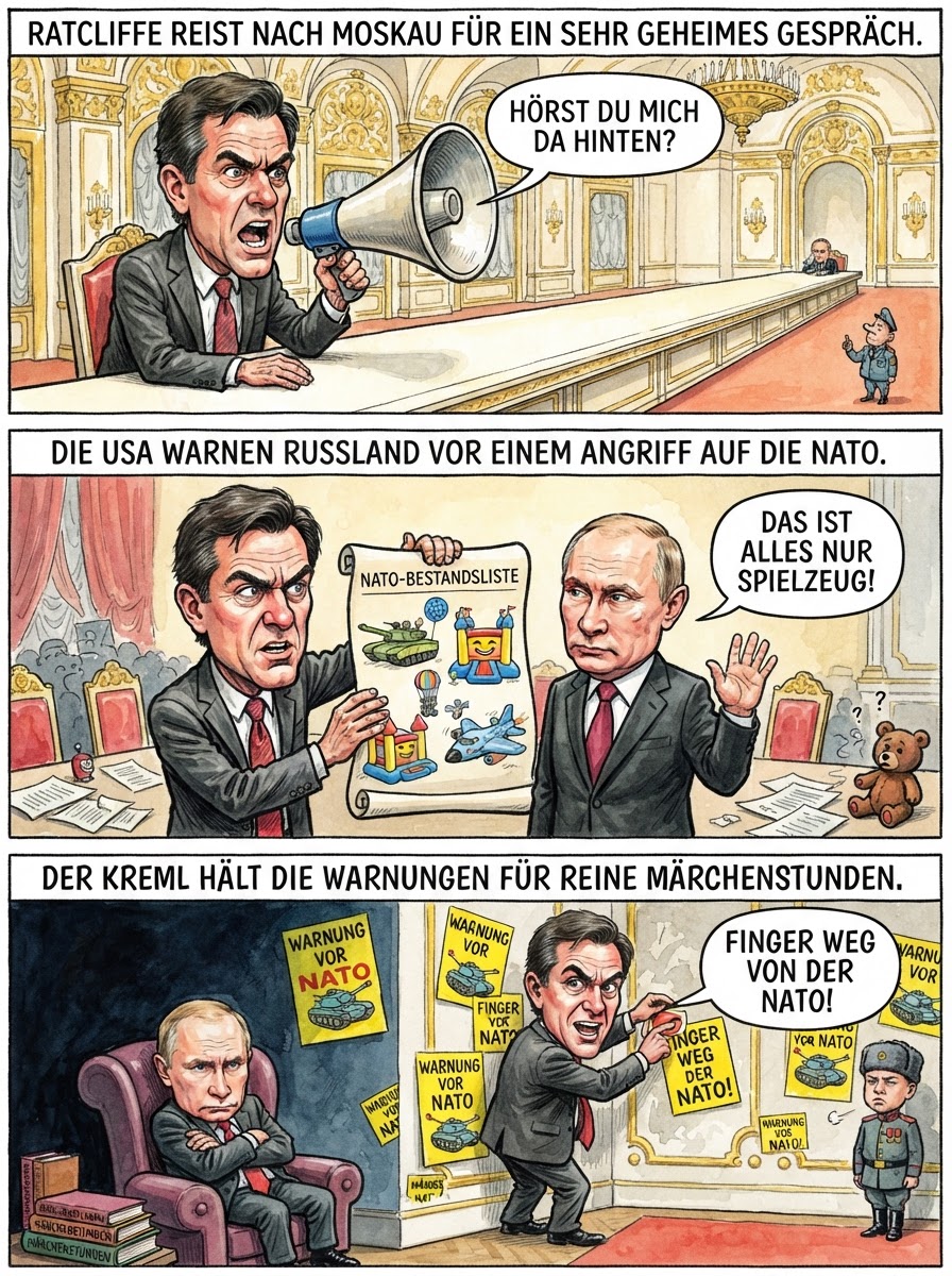Nach Ratcliffes Moskau-Reise spekulieren Experten, ob er Putin mit einem NATO-Angriff oder nur mit dem Entzug seines Lieblings-Bärenreit-Sattels gedroht hat.