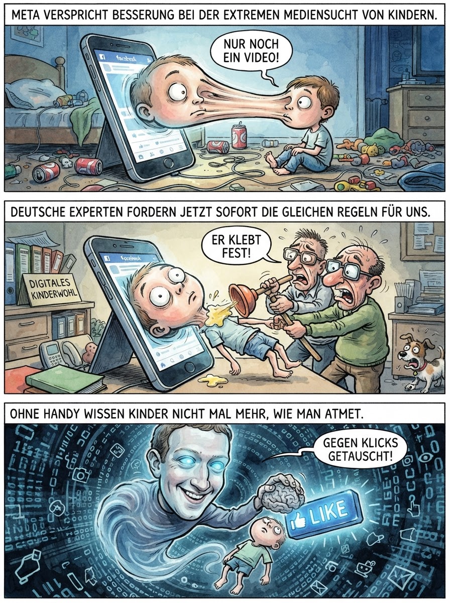 Verbraucherschützer fordern von Meta drastische Schutzmaßnahmen, damit deutsche Kinder nicht mehr wie hypnotisierte Toastbrote mit Glasaugen an ihren flackernden Smartphones kleben bleiben.