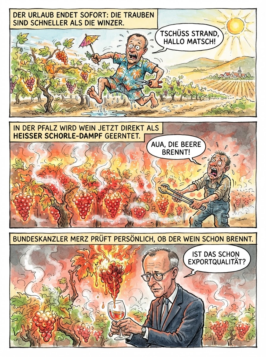 Wegen der extremen Hitze sind deutsche Trauben so früh reif, dass die Winzer ihre Sommerferien abbrechen müssen, um den Wein vor der Selbstentzündung zu retten.