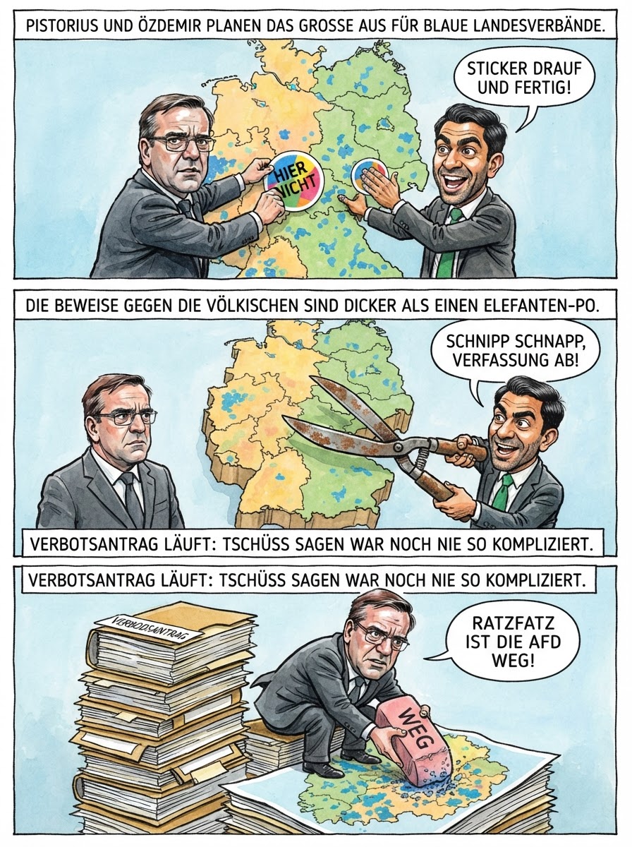 Weil die AfD zu anstrengend ist, möchten Pistorius und Özdemir die schlimmsten Landesverbände jetzt so gründlich verbieten wie alkoholfreies Bier auf einer bayerischen Hochzeit.