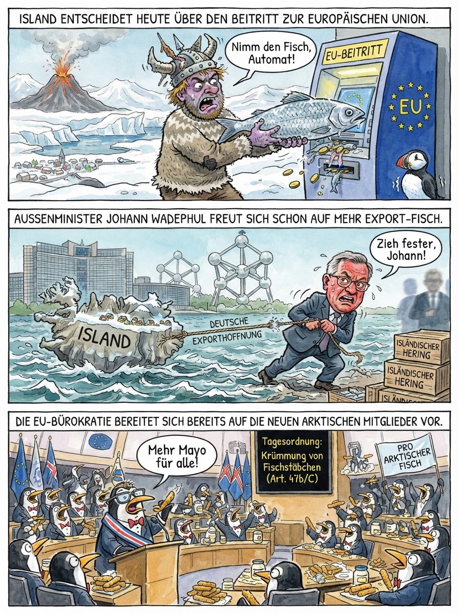 Ganz Island wählt heute über den EU-Beitritt ab, weil die Isländer hoffen, dass Brüssel endlich eine Heizung für ihren riesigen, kalten Vulkan-Kühlschrank bezahlt.
