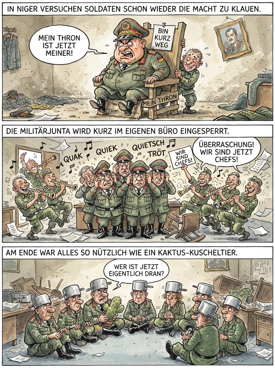 In Niger haben Soldaten die Militärjunta kurzzeitig als Geiseln genommen, weil in dem Land Putschversuche inzwischen so häufig sind wie Schlangenbisse in einer Gummibärchen-Fabrik.