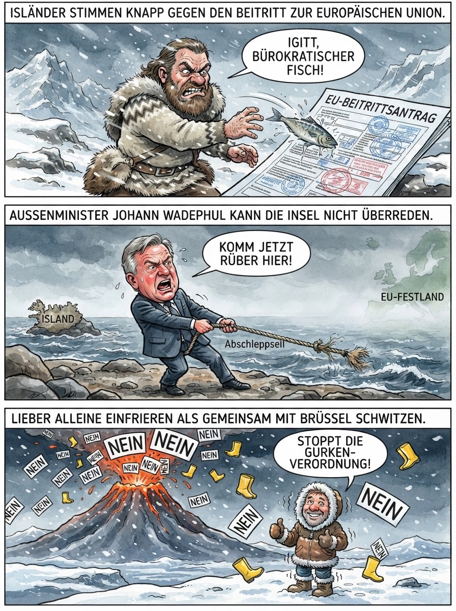 Island lehnt den EU-Beitritt knapp ab, weil die Isländer ihre Vulkane lieber alleine mit vergammelten Haien füttern, statt sich von Brüssel vorschreiben zu lassen, wie krumm ihre Eisberge sind.