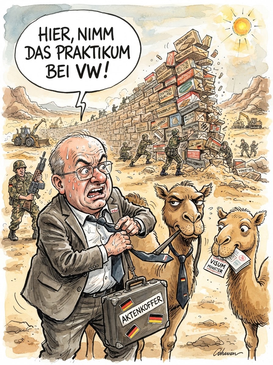 Wadephul will die Mittelmeer-Route schließen und bietet Nordafrika stattdessen einen Tauschhandel an. Wer nicht nach Europa schwimmt, bekommt einen Gratis-Gutschein für eine Sauerländer Wanderwoche mit Friedrich Merz.