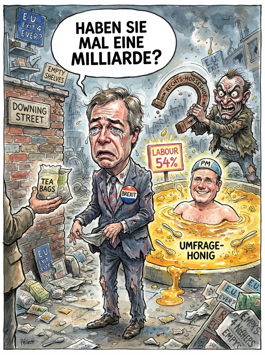 Bei Reform UK brennt der Baum, weil das Spendengeld so echt ist wie eine Plastikbanane. Premier Starmer ist plötzlich beliebter als Freibier, während Farage verzweifelt versucht, seine leeren Kassen mit Luftgitarren-Wettbewerben zu füllen.