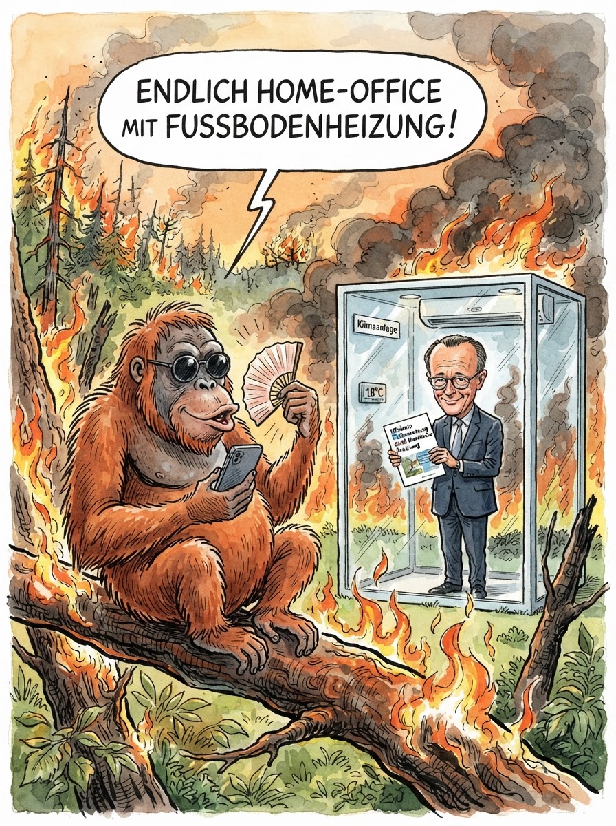 In Indonesien wird derzeit die Rodung durch natürliche Thermodynamik beschleunigt. Auf Borneo stehen weite Flächen in Flammen, was die dort lebenden Orang-Utans vor die logistische Herausforderung stellt, ihr Konzept der Baumbewohnung kurzfristig auf die Disziplin Hürdenlauf umzustellen. Die indonesische Regierung versichert, die Lage sei unter Kontrolle, sofern man unter Kontrolle versteht, dass das Feuer physikalischen Gesetzen folgt und Dinge verbrennt. Bundeskanzler Friedrich Merz signalisierte bereits diskretes Verständnis: Ein gewisses Maß an thermischer Fluktuation gehöre zum unternehmerischen Risiko des Regenwaldes. Während Umweltschützer das Ende der Artenvielfalt beklagen, freuen sich globale Möbelkonzerne über die natürliche Vorlackierung ihrer Teakholz-Kollektionen im Farbton Holzkohle-Anthrazit. Man muss die Feste eben feiern, wie sie brennen.
