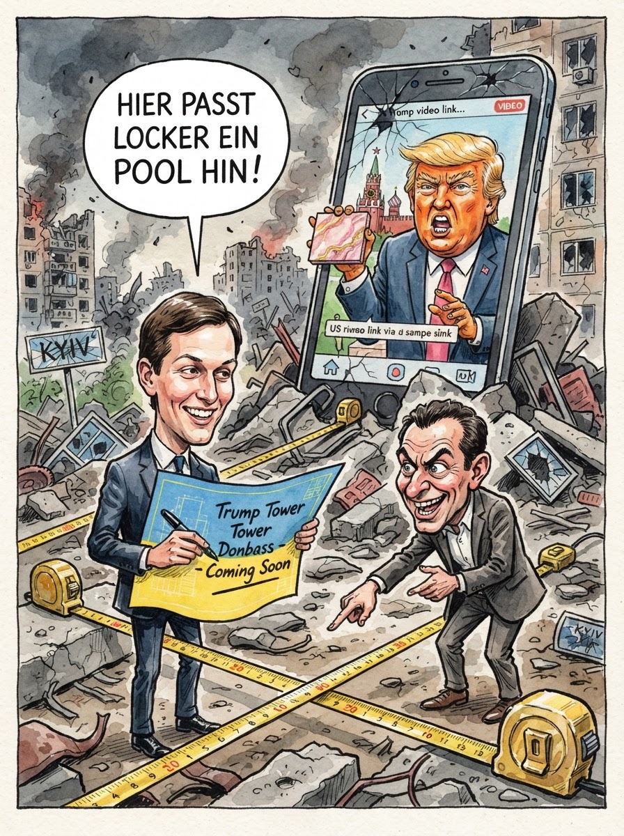 Wenn Donald Trump von Frieden spricht, meint er meistens eine Renditeerwartung von mindestens zwölf Prozent. Mit Steven Witkoff und Jared Kushner entsendet Washington nun zwei Männer nach Kiew und Moskau, deren diplomatische Erfahrung sich primär auf das Eintreiben säumiger Mieten in Manhattan beschränkt. Während Außenminister Wadephul in Berlin noch über das Völkerrecht philosophiert, geht es in Osteuropa jetzt um das Wesentliche: die Frage, ob man ein Schützengrabensystem gewinnbringend in eine exklusive Gated Community mit Golfanschluss verwandeln kann. Kushners Anwesenheit in Kiew signalisiert vor allem eines: Der Krieg wird nicht beendet, er wird unter Marktwert übernommen. Selenskyj dürfte sich fühlen wie ein Mieter im Altbau, dem man gerade erklärt hat, dass sein Badezimmer demnächst einer großzügigen Loft-Erweiterung für russische Oligarchen weichen muss.