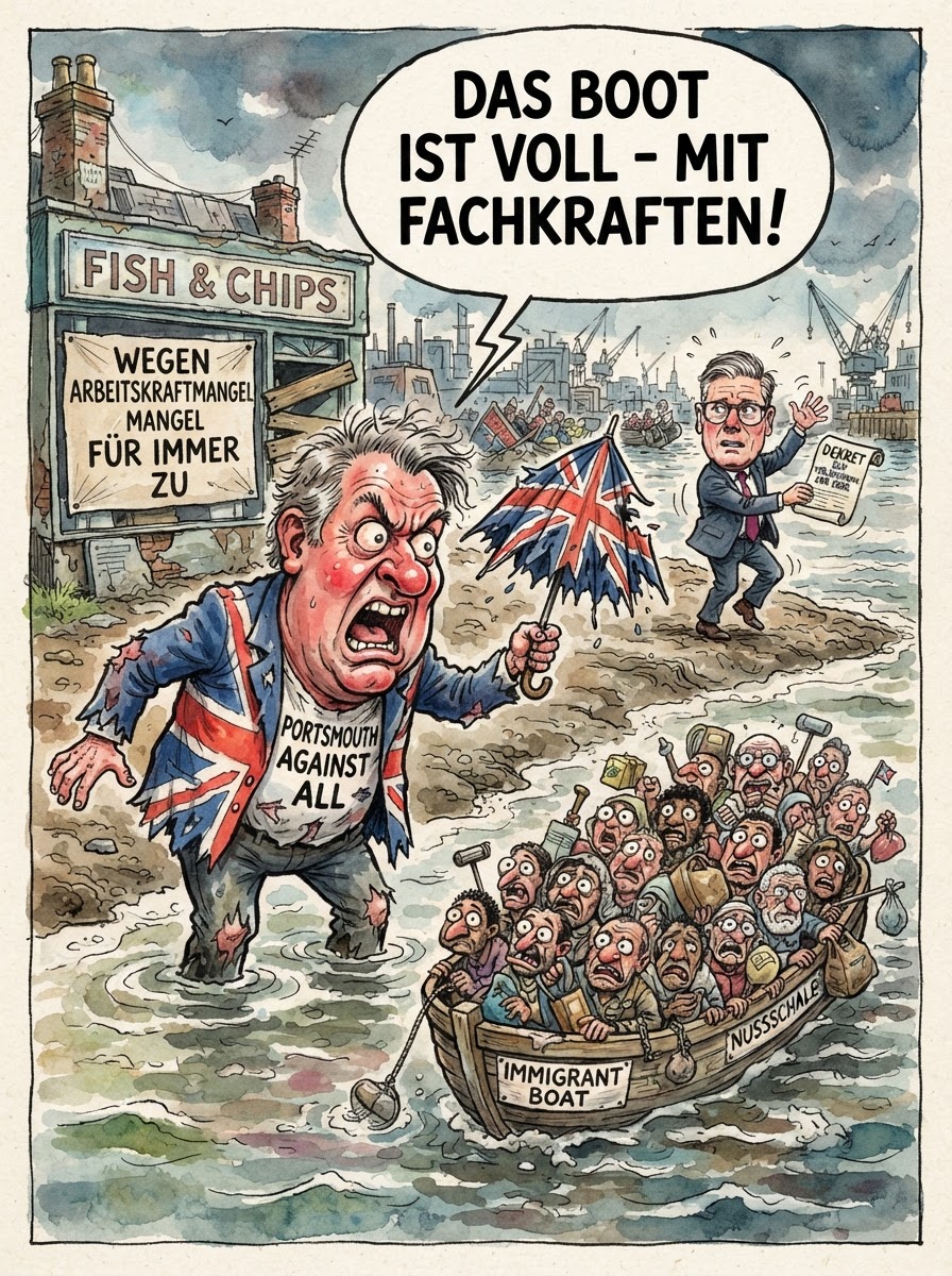 In Portsmouth proben die Einheimischen den maritimen Ernstfall gegen eine Invasion, die statistisch gesehen seltener vorkommt als ein sonniger Nachmittag in Manchester. Mit der Entschlossenheit eines Rentners, der Falschparker aufschreibt, versuchten Demonstranten, die Weiterreise von Geflüchteten zu verhindern. Die Angst vor dem Fremden ist in Südengland so tief verwurzelt wie der Glaube, dass man Minzsoße zu Lamm essen kann, ohne verhaftet zu werden. Dass die Zahlen der Ankünfte sinken, stört die Narrative wenig – Fakten sind in der Post-Brexit-Ära ohnehin nur lästige Souvenirs aus einer Zeit, in der man noch ohne Visum nach Mallorca durfte. Premier Keir Starmer beobachtet das Treiben mit der stoischen Ruhe eines Mannes, der weiß, dass man ein sinkendes Schiff am besten dadurch regiert, dass man das Wasser höflich bittet, draußen zu bleiben.