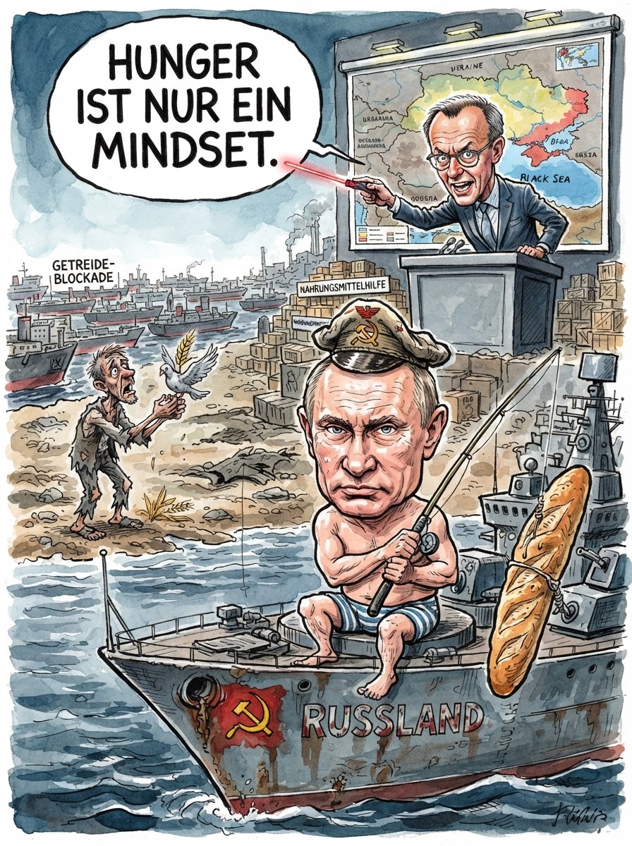 In der Region Odessa üben sich ukrainische Landwirte derzeit in stoischer Geduld, während ihr Getreide vor den Donauhäfen eine so feste Bindung zum Asphalt eingeht, dass es bald als Baustoff zertifiziert werden könnte. Russland hat das Schwarze Meer faktisch in eine private Badewanne für Kriegsschiffe verwandelt, was den Export so reibungslos macht wie eine VPN-Verbindung in Nordkorea. Während Friedrich Merz in Berlin vermutlich schon die Krawatte lockert, um über maritime Logistikketten zu dozieren, stauen sich die Laster vor der Grenze bis in die nächste Zeitzone. Es ist die geopolitische Version eines Supermarkts, in dem die Kasse geschlossen ist, der Marktleiter die Kunden mit Wasserpistolen beschießt und man am Ausgang trotzdem für die Tüte bezahlen muss. Ein logistisches Meisterwerk, so effizient wie eine Rolltreppe im Wald.