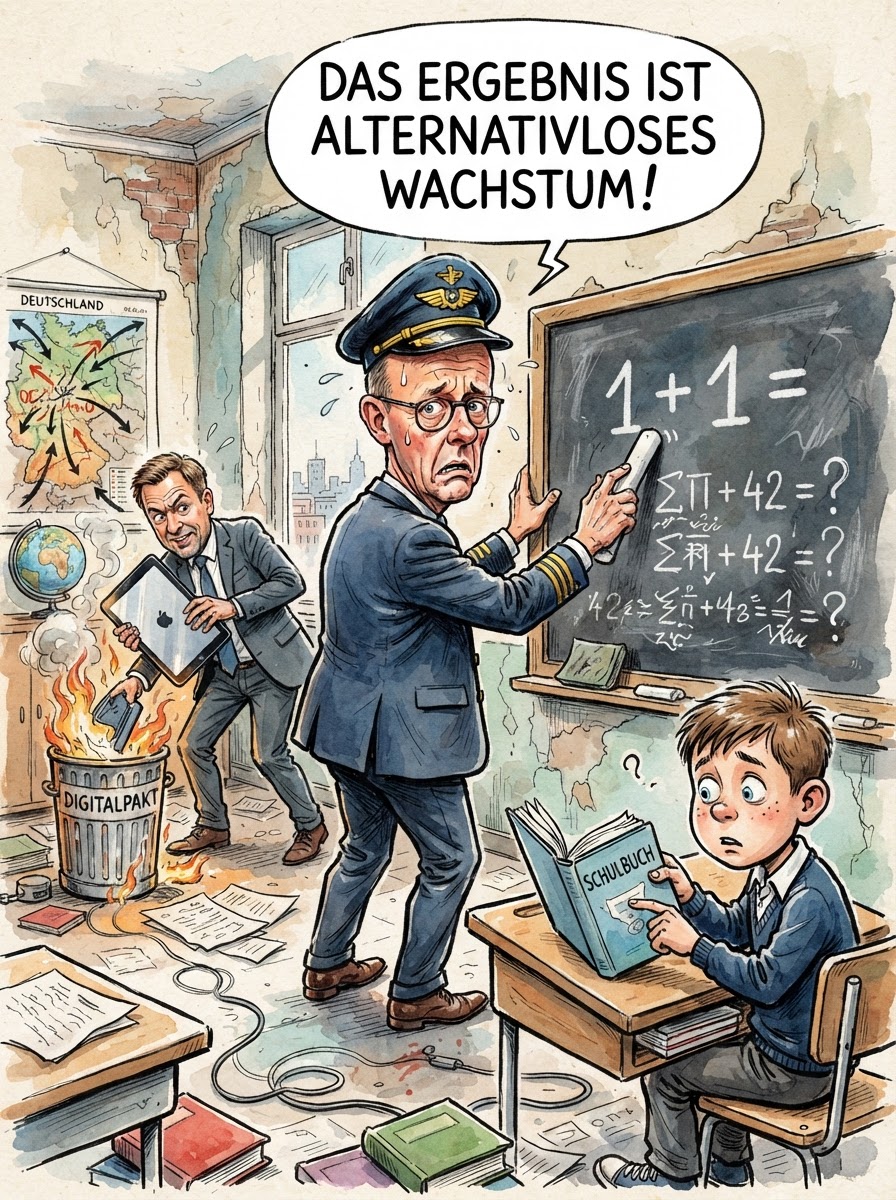 Die Bundesrepublik hat den Bildungsanschluss endgültig verloren, doch Kanzler Merz gibt Entwarnung: Wer nicht rechnen kann, stellt weniger unangenehme Fragen zur Rentenlücke. Während deutsche Schüler beim Dreisatz mittlerweile eher an ein neues Fitnessgerät denken, fordert Vizekanzler Klingbeil eine nationale Kraftanstrengung. Man wolle die Schulen nun mit modernster Technik ausstatten, um das Scheitern wenigstens in 4K zu streamen. Bildungsexperten warnen, dass das Niveau mittlerweile so tief gesunken ist, dass man beim Vorlesen von Goethes Faust bald Warnhinweise für zu komplexe Satzstrukturen einblenden muss. Die Lösung der Politik ist gewohnt pragmatisch: Wenn die Leistungen sinken, muss man eben die Skala kürzen. Ein Land, das seine Ingenieure früher exportierte, hofft nun darauf, dass KI zumindest die Steuererklärung übernimmt, bevor der Durchschnittsbürger an der Bedienung des Taschenrechners verzweifelt.