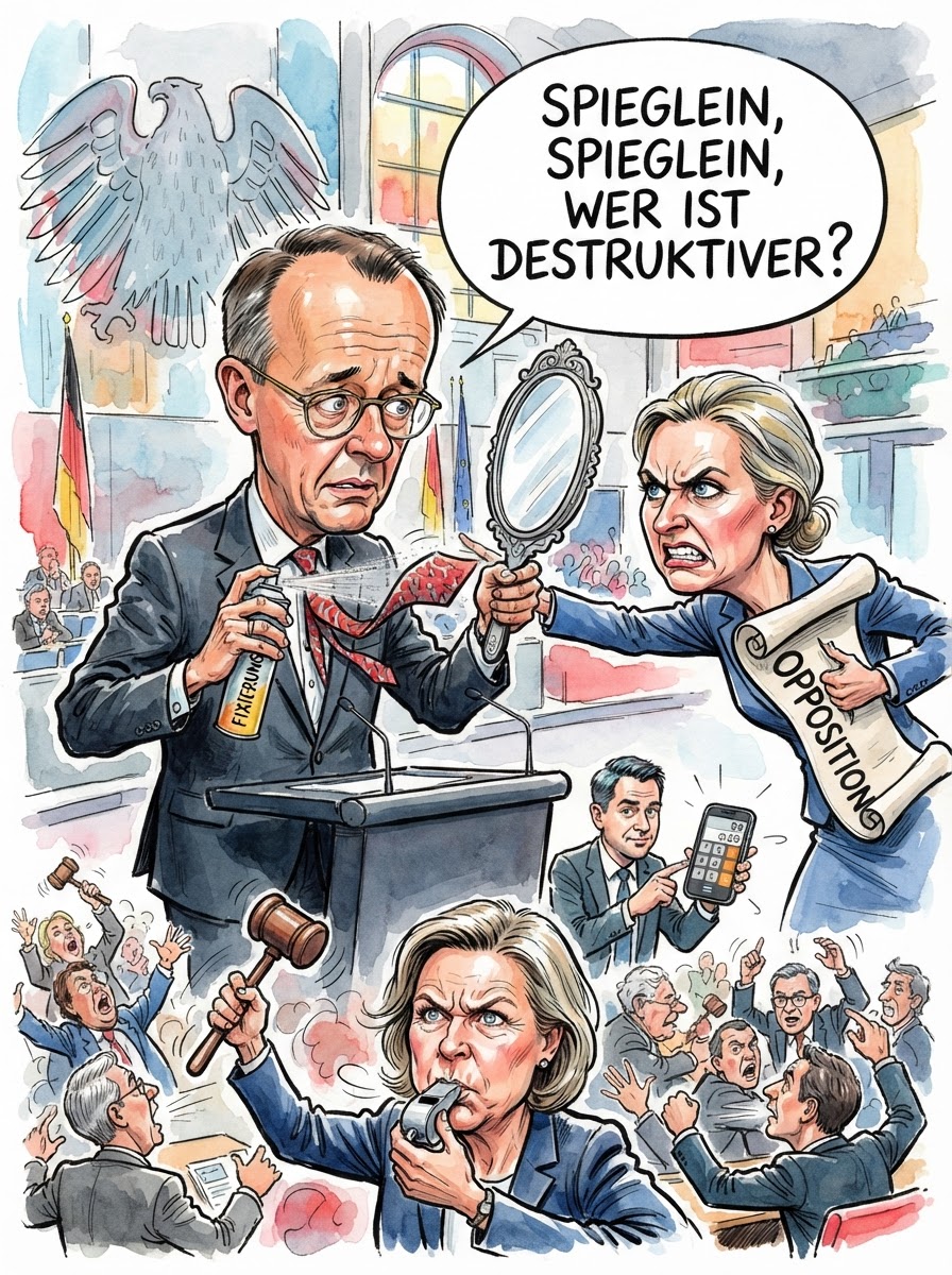 In der Generaldebatte kam es zum erwarteten Zusammentreffen zweier Egos, die jeweils glauben, das Monopol auf das Wort 'Volk' gepachtet zu haben. Friedrich Merz warf Alice Weidel Destruktivität vor – ein Vorwurf, der in etwa so überraschend kommt wie die Erkenntnis, dass Wasser nass ist. Während der Kanzler mit dem rhetorischen Florett focht, das er vorsichtshalber gegen einen stabilen Gehstock aus deutscher Eiche getauscht hatte, reagierte die AfD-Chefin mit der gewohnten Mischung aus Opferrolle und Schnappatmung. Bundestagspräsidentin Bas musste mehrfach intervenieren, da der Lärmpegel zeitweise die Dezibelwerte einer durchschnittlichen Triebwerkswartung überstieg. Es bleibt die Erkenntnis: Im Parlament wird mittlerweile so konstruktiv gestritten wie in einer Scheidungsanhörung, bei der es nur noch um die Aufteilung der benutzten Kaffeekapseln geht.