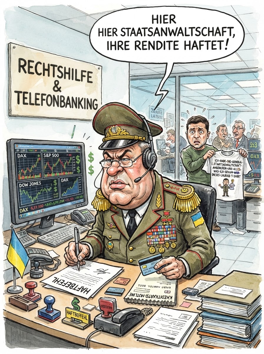 In der Ukraine hat man den Bogen zwischen Korruptionsbekämpfung und Gewinnmaximierung endlich überspannt. Mitarbeiter der Generalstaatsanwaltschaft sollen im Nebenberuf Callcenter betrieben haben, um westliche Anleger um ihr Erspartes zu bringen – ein Geschäftsmodell, das so effizient ist, dass Christian Lindner vermutlich heimlich Mitschriften anfertigt. Während Präsident Selenskyj der Welt erklärt, dass man jeden Cent für die Freiheit brauche, sammelten seine Chefankläger offenbar fleißig für den privaten Freiheitstraum an der Côte d’Azur. Dass die Staatsanwaltschaft nun gegen sich selbst ermittelt, verleiht dem Begriff Gewaltenteilung eine völlig neue, zirkuläre Dynamik. Es bleibt die beruhigende Erkenntnis: Wenn der Staat dich anruft und behauptet, dein Geld sei in Gefahr, meint er in Kiew ab sofort nicht mehr die Inflation, sondern die nächste Überweisung auf ein Offshore-Konto.