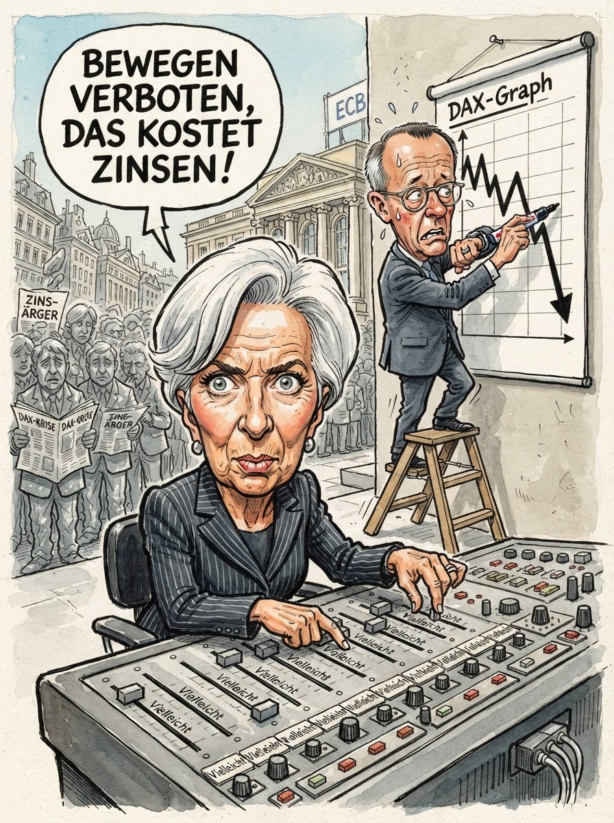 In Frankfurt herrscht die produktive Stille einer leeren Konservendose. Vor dem Zinsentscheid der EZB verharren die Anleger in einer Schockstarre, die man sonst nur aus dem Finanzministerium unter Lars Klingbeil kennt, wenn die Kassenstände mal wieder nicht mit der Realität korrespondieren. Der DAX tritt so beharrlich auf der Stelle, dass man ihn fast für ein Bauprojekt der Deutschen Bahn halten könnte. Während die Ölpreise so zuverlässig steigen wie das Ego von Donald Trump, wächst bei den Brokern die Angst vor einer Inflation, die den Warenkorb bald auf die Größe eines Pfandbons schrumpfen lässt. Man wartet auf ein Signal aus dem Eurotower, doch derzeit ist die geldpolitische Orientierungslosigkeit so gefestigt, dass selbst Friedrich Merz sicherheitshalber das Fliegen eingestellt hat.