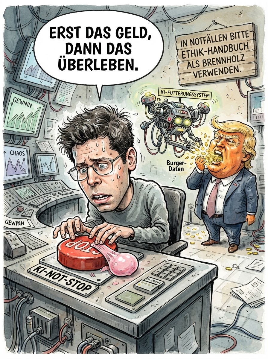 OpenAI-Chef Sam Altman hat den geplanten Börsengang überraschend verschoben, weil er plötzlich Sicherheitsbedenken hegt. Das ist in etwa so glaubwürdig, als würde ein Tabakkonzern den Verkauf einstellen, weil er die Lungenflügel der Kunden für zu filigran hält. Altman pflichtet nun dem Konkurrenten Anthropic bei, die KI-Entwicklung zu drosseln – vermutlich, um in der gewonnenen Zeit herauszufinden, wie man die Weltherrschaft so programmiert, dass sie steuerlich absetzbar bleibt. Während Bundeskanzler Merz den Schritt als 'solide christdemokratische Zögerlichkeit' begrüßt, rätseln Experten, ob die Sicherheitsbedenken eher den Fortbestand der Menschheit oder das Risiko eines sinkenden Aktienkurses meinen. Letztlich ist das Sicherheitsversprechen einer KI-Schmiede ohnehin so beruhigend wie die Durchsage eines Piloten, dass man jetzt gemeinsam über das Konzept der Schwerkraft meditieren wolle.