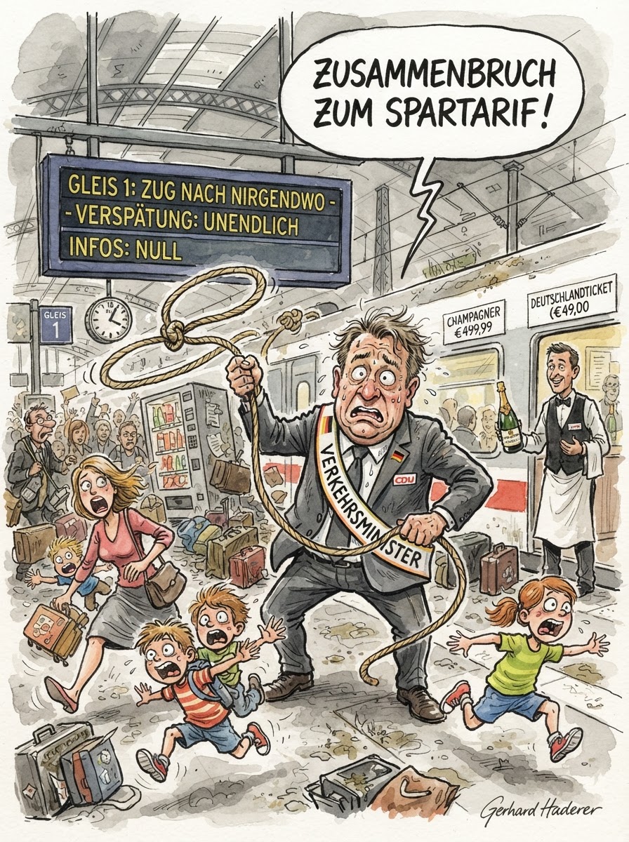 Verkehrsminister Bilger hat eine bahnbrechende Entdeckung gemacht: Familien besitzen Kinder, und diese Kinder sitzen ungerne in getrennten Waggons, während die Eltern im Speisewagen über die Merz-Regierung kontemplieren. Seit Juni 2025 kostet das Beisammensein bei Tempo 160 einen Aufschlag, der preislich eher an eine Luxus-Loge in der Elbphilharmonie als an ein versifftes Abteil erinnert. Nun drängt Bilger auf die Rückkehr der Familienreservierung. Ein kluger Schachzug in Zeiten, in denen die Deutsche Bahn Pünktlichkeit ohnehin nur noch als vage philosophisches Konzept begreift. Wenn der Zug schon drei Stunden auf offener Strecke steht, soll die Sippe wenigstens gemeinsam den psychologischen Verfall erleben dürfen. Es ist das letzte Stück soziale Marktwirtschaft: Das Recht, kollektiv im Nirgendwo zu stranden, ohne dafür Privatinsolvenz anmelden zu müssen.