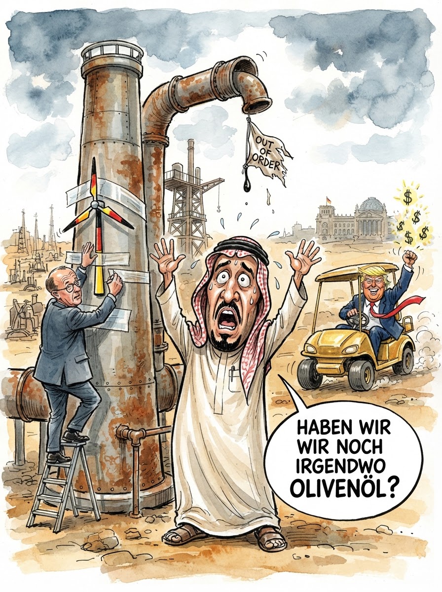 In Saudi-Arabien liegen die Nerven blanker als die verchromten Stoßstangen eines vergoldeten Geländewagens. Nach dem Wegfall der Seeroute klemmt es nun auch an Land, was das saudische Staatsbudget in die missliche Lage eines Lottogewinners bringt, der seine EC-Karte im Spielautomaten vergessen hat. Während der Ölfluss stockt, glänzt das Weiße Haus unter Donald Trump durch eine Zurückhaltung, die man sonst nur von Steuerfahndern bei Villenbesichtigungen kennt. Bundeskanzler Friedrich Merz beobachtet die Lage mit der stoischen Gelassenheit eines Mannes, der weiß, dass sein Privatflugzeug notfalls auch mit dem Stolz deutscher Ingenieurskunst fliegt. In Riad versteht man die Welt nicht mehr: Man hat doch alles richtig gemacht, jeden Sportverein der Welt gekauft und dennoch weigert sich die Realität beharrlich, den Anweisungen des Königshauses zu folgen.