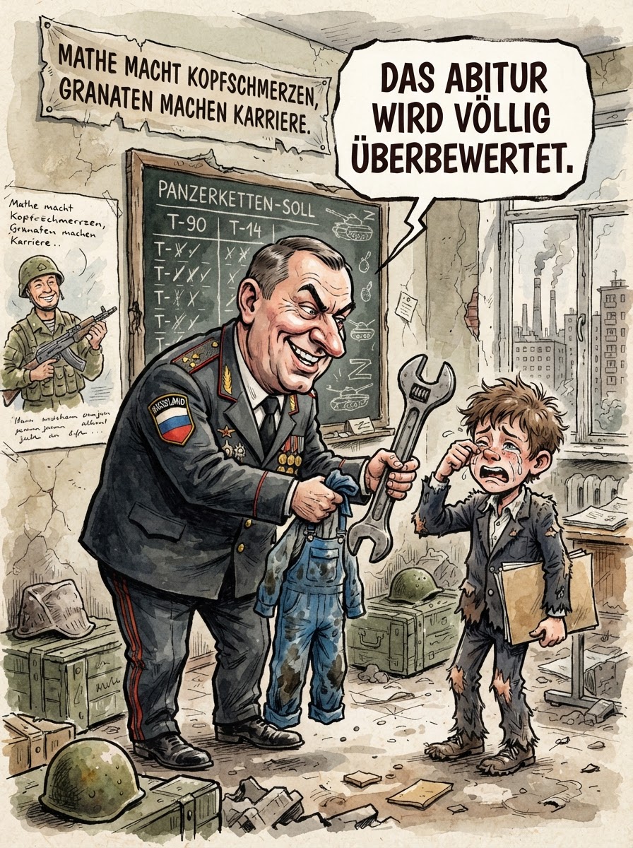 In Russland wird die Schullaufbahn effizient gestrafft. Wer in der neunten Klasse den Satz des Pythagoras noch immer für ein griechisches Gewürz hält, darf seine Talente nun direkt in der Realwirtschaft beweisen. Der Kreml hat erkannt, dass ein Goethe-Zertifikat beim Grabenbau eher hinderlich ist und schickt Jugendliche lieber dorthin, wo Fachkräfte buchstäblich händeringend gesucht werden – vorzugsweise in die Rüstungsindustrie oder zur praxisnahen Geländesondierung. Während Friedrich Merz in Berlin noch über das Pflichtjahr sinniert, hat Putin die radikale Berufsorientierung bereits perfektioniert: Einmal kurz Schweißen lernen, dann ab in den Ural. Das spart nicht nur lästige Abiturfeiern, sondern löst auch das Problem der Rentenversicherung auf biologisch-effiziente Weise. Bildung ist schließlich eine Holschuld, und in Russland wird sie derzeit direkt mit dem LKW abgeholt.