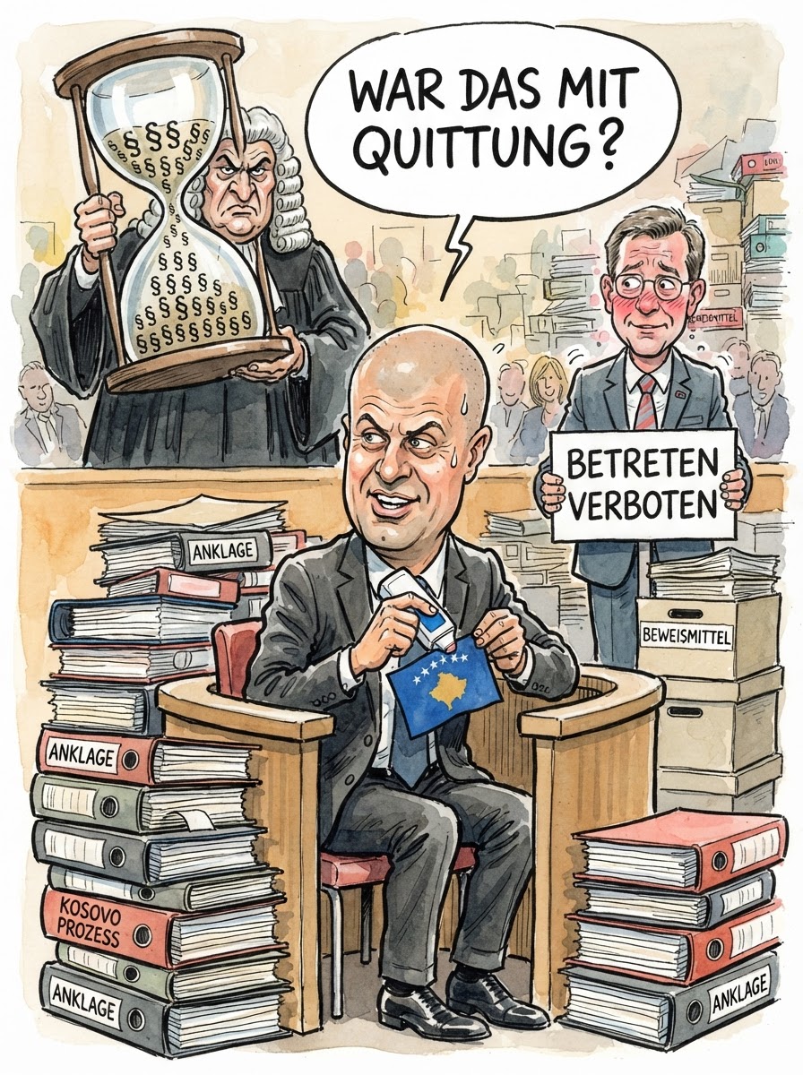 In Den Haag wird heute das Urteil gegen Hashim Thaci erwartet, der den Kosovo so leidenschaftlich in die Freiheit führte, dass die Justiz nun einige Fußnoten in seinem Lebenslauf sortieren muss. Ein Sondertribunal prüft, ob der Übergang vom Guerillakämpfer zum Staatsoberhaupt vielleicht doch ein paar Abkürzungen zu viel durch die Genfer Konventionen nahm. Bundesaußenminister Johann Wadephul beobachtet das Verfahren mit der stoischen Gelassenheit eines Mannes, der weiß, dass man für die diplomatische Anerkennung eines Staates notfalls auch beide Augen und ein Monokel zudrücken kann. Während Thaci im Gerichtssaal die Miene eines Mannes aufsetzt, der lediglich vergessen hat, einen Parkschein zu lösen, fragt sich die Weltgemeinschaft: Ist man ein Kriegsverbrecher oder nur ein überengagierter Startup-Gründer in Sachen Staatsbildung? In Den Haag weiß man: Gerechtigkeit braucht Zeit, besonders wenn die Beweislast so sperrig ist wie ein schlecht verpacktes IKEA-Regal.
