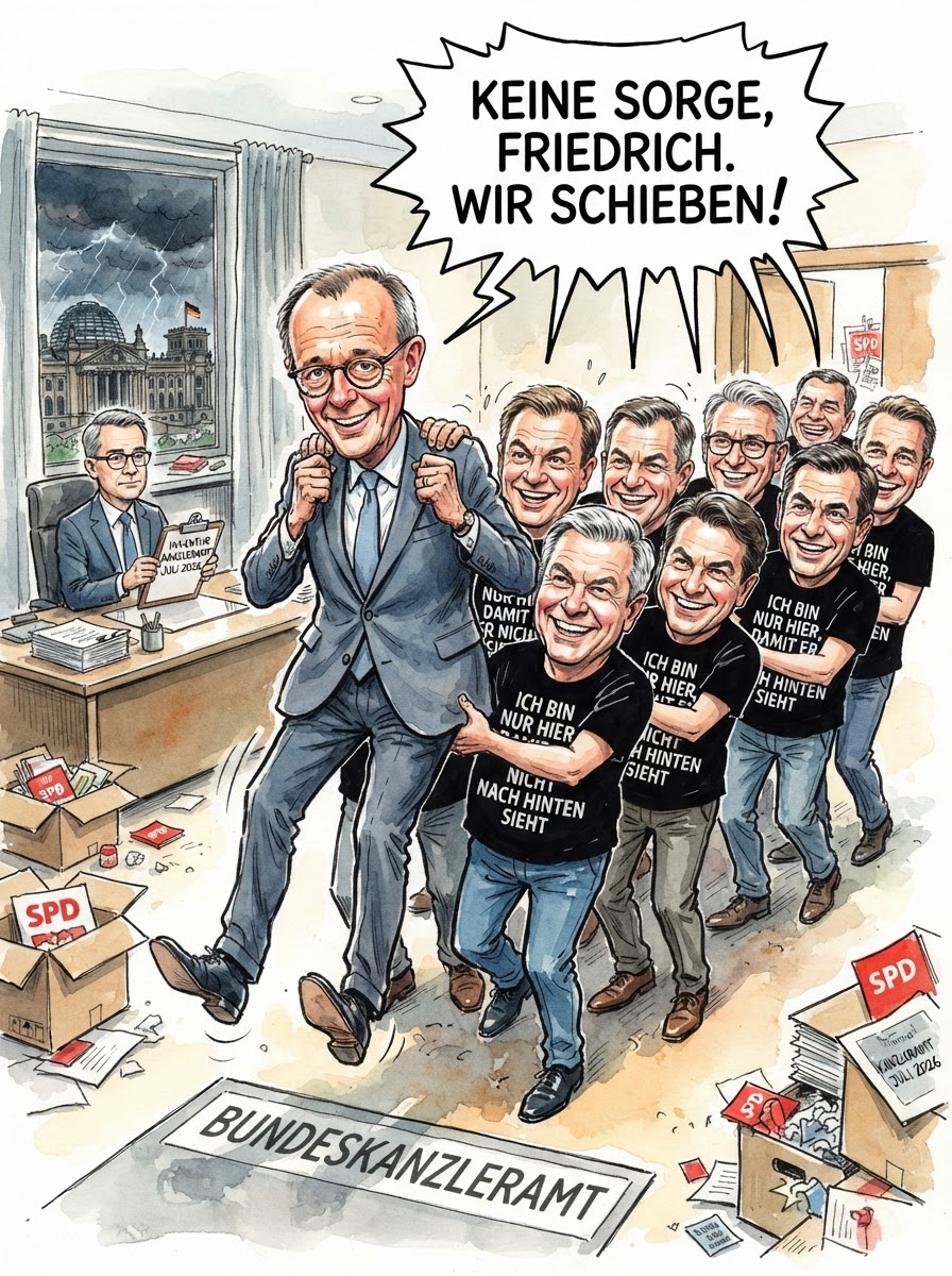 In einer beispiellosen Geste der Geschlossenheit, die man sonst nur von Pinguinen im Schneesturm oder Angeklagten vor dem Untersuchungsausschuss kennt, haben sich die acht CDU-Ministerpräsidenten hinter Kanzler Friedrich Merz formiert. Kurz vor den Wahlen in Berlin und Mecklenburg-Vorpommern demonstriert die Union damit jene Art von Rückhalt, bei der man die Dolche im Ärmel zwar nicht sieht, das metallische Schleifen aber bis nach Brüssel hört. Merz, der derzeit so massiv unter Druck steht, dass man ihn zur Diamantenherstellung nutzen könnte, zeigt sich gerührt. Dass die Solidaritätsbekundung technisch gesehen einem 'Stand Your Ground'-Gesetz für Umfragewerte gleicht, stört niemanden. Es ist die klassische Aufstellung: Man stellt sich so eng hinter den Anführer, dass dieser gar nicht mehr umfallen kann – selbst wenn er es wollte oder die Wähler ihn sanft in Richtung Rente schubsen.