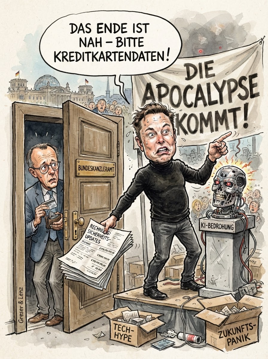 Wenn die Schöpfer der Künstlichen Intelligenz plötzlich vor dem Ende der Zivilisation warnen, ist das in etwa so glaubwürdig wie ein Tabakkonzern, der kostenlose Lungenflügel verteilt. Deutsche Forscher beruhigen nun: Die drohende Weltherrschaft der Algorithmen sei derzeit so wahrscheinlich wie eine pünktliche Ankunft der Deutschen Bahn im Jahr 2026. Es scheint, als hätten die Tech-Giganten die Apokalypse lediglich als Marketinginstrument entdeckt, um lästige Konkurrenten per Regulierung im Keim zu ersticken. Während Friedrich Merz noch prüft, ob man eine KI mit dem Flugzeug abholen kann, fordern Experten mehr Sachlichkeit. Man solle die Risiken zwar ernst nehmen, müsse aber bedenken, dass die gefährlichste Intelligenz in den Aufsichtsräten sitzt, nicht im Serverraum. Wer Angst vor Robotern hat, sollte sich erst einmal an der Benutzeroberfläche der Rentenversicherung versuchen.