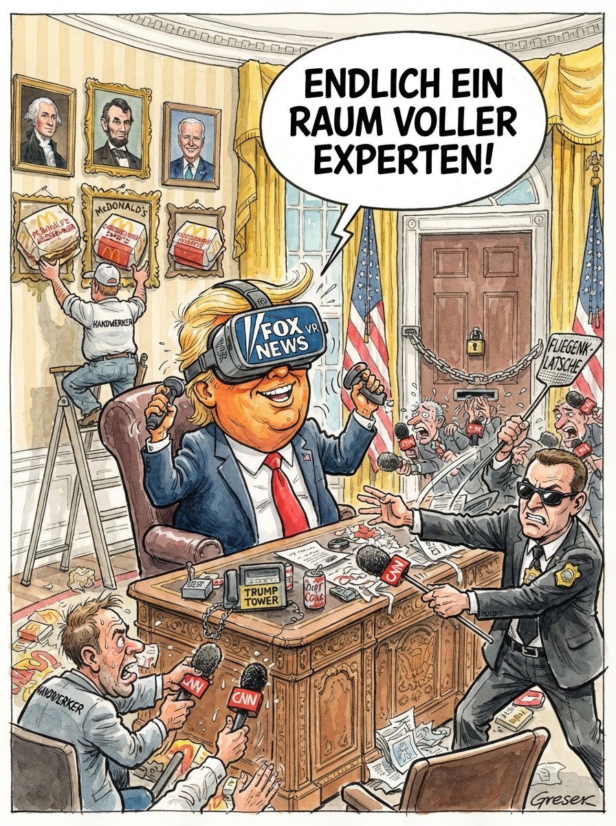 Ordnung muss sein, besonders wenn die Realität beim Vormittags-Golf stört. US-Präsident Donald Trump hat CNN, MS NOW und Politico die Presseausweise entzogen und damit einen Meilenstein in der modernen Optik gesetzt: Was man nicht sieht, findet einfach nicht statt. Die betroffenen Journalisten stehen nun vor verschlossenen Türen und müssen ihre Fragen an die leere Luft richten, was ohnehin den Kern der diplomatischen Kommunikation unter Trump trifft. Im West Wing herrscht derweil eine Atmosphäre wie im betreuten Wohnen für Autokraten: Nur noch handverlesene Hofberichterstatter dürfen fragen, wie prächtig das neue Gold-Laminat im Oval Office glänzt. Friedrich Merz prüft bereits, ob man das Modell der akkreditierten Stille auch auf das Sauerland übertragen kann, um lästige Nachfragen zur Mütterrente im Keim zu ersticken.