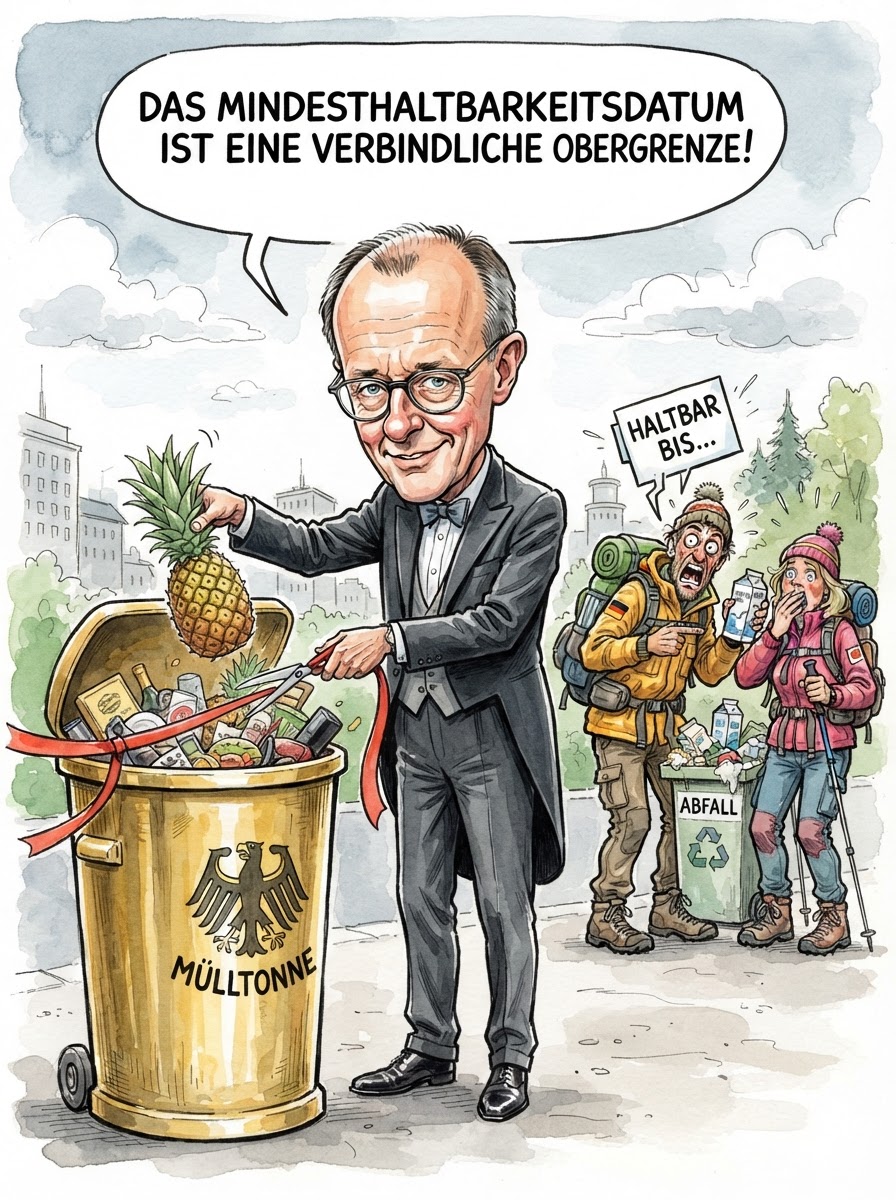 Elf Millionen Tonnen Lebensmittel landen jährlich im Müll – eine logistische Meisterleistung in einem Land, das sonst drei Formulare für den Bau eines Kaninchenstalls benötigt. Während Bundeskanzler Friedrich Merz noch überlegt, ob man das Mindesthaltbarkeitsdatum durch eine Vermögensprüfung für Kühlschränke ersetzen kann, werfen wir weiter weg, was das Zeug hält. Der Deutsche betrachtet den Joghurt drei Tage vor Ablauf der Frist wie eine tickende Zeitbombe, die nur durch sofortige Entsorgung im Restmüll entschärft werden kann. In Frankreich drohen Supermärkten Strafen für Verschwendung; hierzulande vertrauen wir lieber auf das bewährte Prinzip der Eigenverantwortung: Wer sein Schnitzel liebt, der wirft es weg, bevor es ihn böse ansehen kann. Ein System, so nachhaltig wie eine Kreuzfahrt durch das heimische Planschbecken.