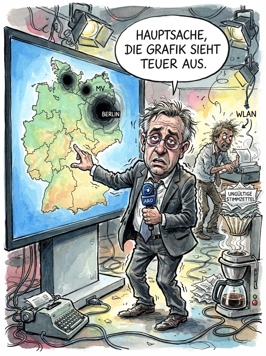 Während Friedrich Merz im Kanzleramt vermutlich schon die Goldreserven nach Sauerland-Art sortiert, widmet sich tagesschau24 dem politisch-geografischen Äquivalent einer Wurzelbehandlung ohne Betäubung: den Wahlen in Mecklenburg-Vorpommern und Berlin. Ein Sender, der sonst vornehmlich Archivmaterial über die Fortpflanzung von Teichmolchen zeigt, schaltet nun live in Gebiete, in denen Wahlbeteiligung oft nur als statistischer Fehler wahrgenommen wird. Es ist das große Fest der Wahlanalysen, bei dem Experten so tun, als sei die Sitzplatzverteilung in Schwerin entscheidender für die Weltgeschichte als Trumps morgendlicher Zorn-Post. Man darf gespannt sein, ob die Hauptstadt-Bürokratie es diesmal schafft, genügend Stifte ohne Kaugummi-Rückstände bereitzustellen, während in Vorpommern die einzige Hoffnung auf Veränderung traditionell im Wetterbericht liegt. Ein Abend für Genießer der gepflegten Bedeutungslosigkeit.