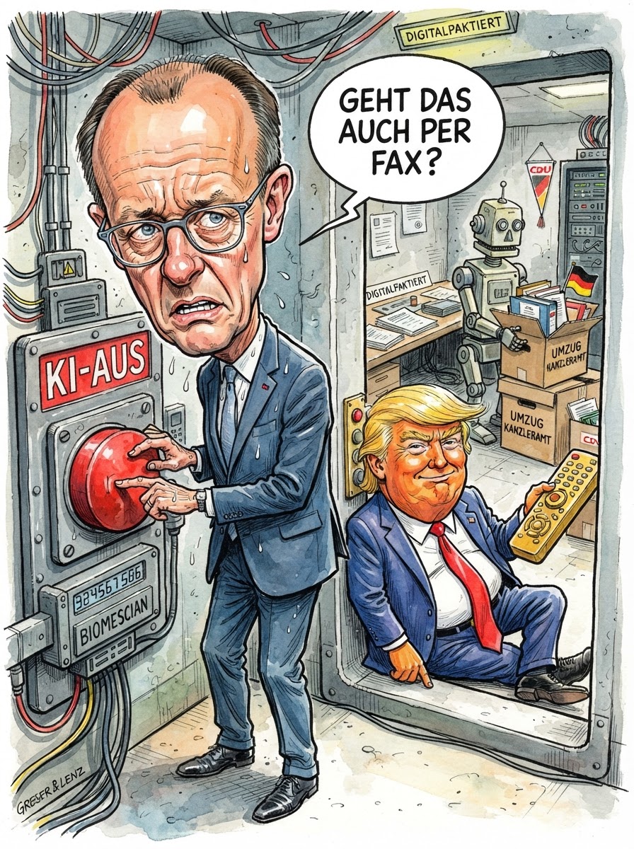 Während das Silicon Valley mit der Geschwindigkeit eines kokainabhängigen Eichhörnchens an der Selbstabschaffung des biologischen Denkens arbeitet, fordert die Politik nun den Notschalter. Ein roter Knopf gegen den Weltuntergang – so beruhigend wie eine Rettungsweste in einer Badewanne voll Säure. Die entscheidende Frage bleibt die Besetzung: Wer darf drücken, wenn ChatGPT anfängt, Friedrich Merz’ Steuererklärung auf einem Bierdeckel zu korrigieren? Bundeskanzler Merz plädiert für eine Lösung, die Leistungsträger bevorzugt, während die FDP vermutlich erst eine Mautstelle vor dem Schalter errichten will. Am Ende wird es wohl ein deutsches Gremium aus drei Ethikrat-Mitgliedern und einem Fax-Gerät richten, die im Ernstfall erst einmal die Zuständigkeit prüfen, während die KI bereits lernt, wie man Kaffee kocht und gleichzeitig die Rente kürzt.