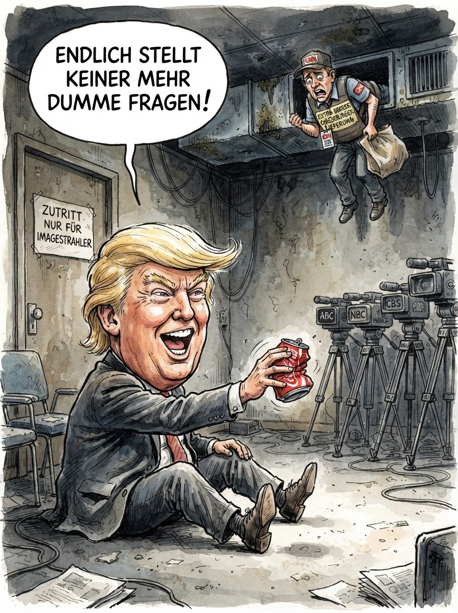 Im Weißen Haus herrscht endlich die Stille, die man sonst nur aus der Kantine der FDP kennt. Nachdem Donald Trump CNN-Korrespondenten vor die Tür gesetzt hat, zeigen sich andere Sender solidarisch und berichten einfach gar nichts mehr. Ein Geniestreich: Wenn niemand hinsieht, passieren Dinge ja bekanntlich nicht. Während die betroffenen Medien nun klagen, als ginge es um die letzte Avocado im Bioladen, genießt das Weiße Haus die neue Transparenz – man sieht jetzt nämlich direkt durch die leeren Pressestuhlreihen bis zur Wandfarbe. Bundeskanzler Friedrich Merz soll bereits interessiert nach Washington spähen, um zu prüfen, ob sich dieses Modell der journalistischen Kontaktsperre auch auf Sauerland-kritische Lokalreporter übertragen lässt. Ein Schweigegelübde für die Quote: So sinnvoll wie ein Stummfilm-Festival im Radio.
