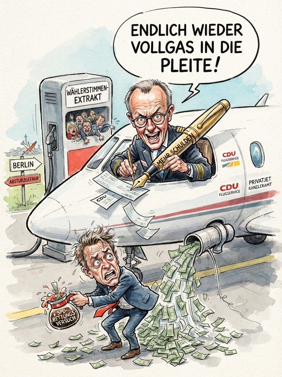 Das Kabinett Merz beweist im Umlaufverfahren, dass politische Lichtgeschwindigkeit existiert, solange es um den deutschen Fetisch Hubraum geht. Ab Oktober soll der Tankrabatt die Laune am Zapfhahn heben, während Vizekanzler Klingbeil das finanzielle schwarze Loch mit der stoischen Gelassenheit eines Mannes verwaltet, der weiß, dass man Schuldenbremsen am besten mit Super Plus schmiert. Der Entwurf eilt durch die Instanzen, als gäbe es für Gesetze einen Mengenrabatt bei den Mineralölkonzernen. Es ist der Versuch, den Klimawandel durch günstigere Anfahrtswege zur nächsten Überschwemmung zu bekämpfen. Ein finanzpolitisches Meisterwerk: Man nimmt dem Bürger das Geld erst weg, um es ihm dann unter dem Jubel der Automobil-Lobby als gnädiges Almosen beim Volltanken zurückzugeben. So viel ökonomischer Sachverstand passt eigentlich nur auf die Rückseite einer Kugel Eis.