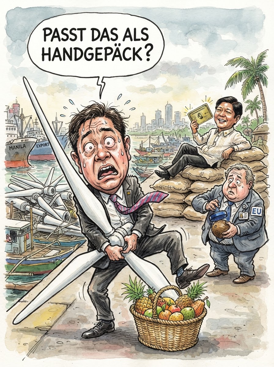 Brüssel und Manila haben sich endlich gefunden. Ein Freihandelsabkommen soll nun das zusammenführen, was ohnehin zusammengehört: Hochkomplexe deutsche Maschinenbauteile, die niemand auf den Philippinen bedienen kann, und getrocknete Mangostreifen, die in Berliner Agenturen als vollwertige Mahlzeit gelten. Während Außenminister Johann Wadephul die Diversifizierung der Lieferketten preist, atmet die heimische Wirtschaft auf: Endlich können wir unsere Überproduktion an Aktenordnern und Bürokratie gegen Kokosöl tauschen, ohne dass der Zoll lästige Fragen stellt. Es ist ein Triumph der Geopolitik: Wir sichern uns den Zugang zu kritischen Rohstoffen, während Präsident Ferdinand Marcos Jr. im Gegenzug die Gewissheit erhält, dass europäische Luxuslimousinen künftig noch reibungsloser vor seinen Palast gleiten. Ein Deal so stabil wie ein Bambusfloß im Taifun.