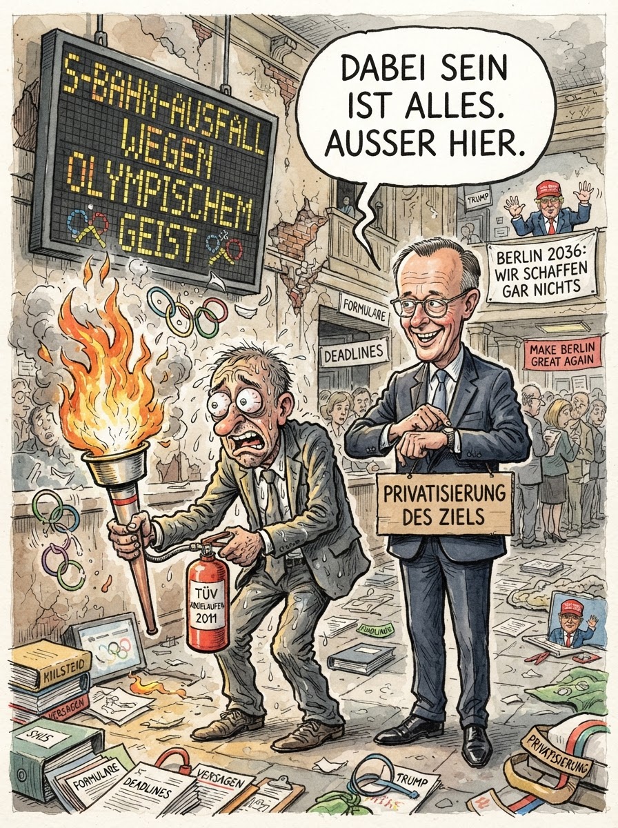 Nach intensiver Prüfung der Berliner Verwaltungskapazitäten hat der Senat die Olympia-Bewerbung zurückgezogen. Man wolle den Weltfrieden nicht durch die Konfrontation internationaler Spitzensportler mit der Berliner S-Bahn gefährden. Zudem verweist das Rathaus auf das Ergebnis der Abgeordnetenhauswahl: Eine Stadt, die drei Anläufe braucht, um einen gültigen Stimmzettel in eine Urne zu werfen, sollte nicht versuchen, zehntausend Menschen gleichzeitig über Hürden springen zu lassen. Bundeskanzler Friedrich Merz begrüßte den Schritt diskret; er spare die Subventionen lieber für eine Flugtaxi-Flotte, die Berlin direkt überfliegt. Die Entscheidung ist so konsequent wie das Berliner Bauwesen: Bevor man den ersten Spatenstich setzt, erklärt man das Projekt zur historischen Ruine. Damit bleibt Berlin, was es immer war: Weltmeister im Vornehmen und Vizemeister im Durchführen.