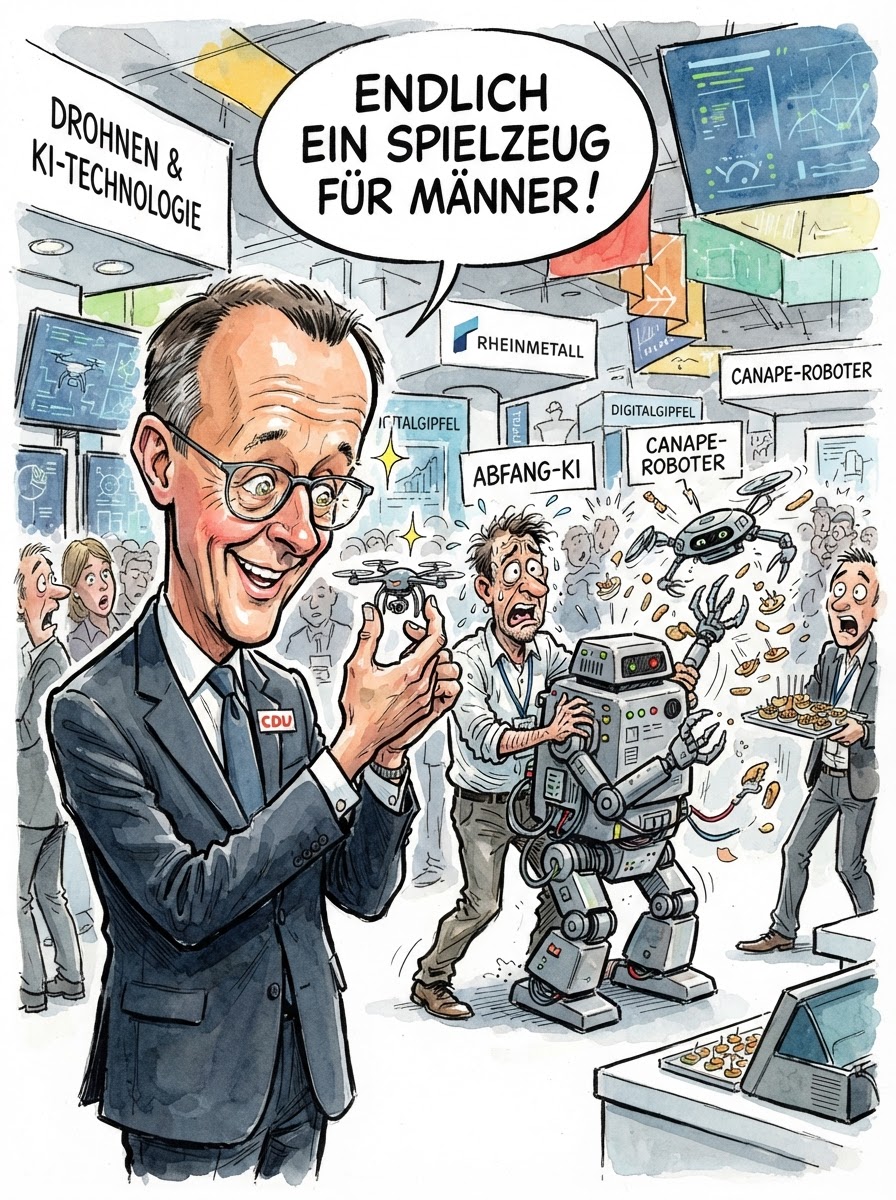 In einer Messehalle, die so viel Testosteron ausstrahlt wie ein Fitnessstudio für Actionfiguren, feiert sich die Rüstungsbranche als neue Heilsarmee mit Laseroptik. Star der Show: Eine KI-gesteuerte Drohne, die andere Drohnen fängt – quasi das 'Wer wird Millionär' der Luftabwehr, nur dass der Publikumsjoker hier aus Wolfram besteht. Kanzler Merz ließ sich die Systeme mit jenem Blick erklären, den er sonst für Privatjets reserviert, während die Industrie verspricht, dass der moderne Luftraum bald so sicher sei wie ein Hochsicherheitstrakt, nur mit besserem Catering. Dass diese Technik primär dazu dient, Probleme zu lösen, die man ohne die Erfindung dieser Technik gar nicht erst hätte, wird elegant verschwiegen. Es ist die Vollendung des zirkulären Wirtschaftens: Man verkauft den Giftzahn und das Gegengift im praktischen Abo-Modell. Effizienz pur.