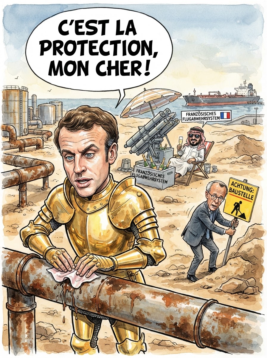 Emmanuel Macron hat wieder dieses Funkeln in den Augen, das er sonst nur beim Anblick von Spiegeln oder der Rentenreform zeigt. Um die saudi-arabische Ölinfrastruktur vor lästigen Flugobjekten zu schützen, schickt der Elysée-Palast nun Truppen und Gerät ans Rote Meer. Es ist eine klassische Macron-Lösung: Man ist militärisch präsent, aber diplomatisch im Homeoffice. Er wolle keinesfalls in den Konflikt mit den Huthi einsteigen, betont Paris – man wolle lediglich die Zapfsäulen streicheln. In Berlin beobachtet man das Manöver mit einer Mischung aus Neid und Erleichterung; Bundeskanzler Friedrich Merz prüft bereits, ob man den Schutz der Ölpreise nicht zur neuen deutschen Staatsräson erklären kann, solange die französischen Freunde die dreckige Arbeit im Wüstensand erledigen.