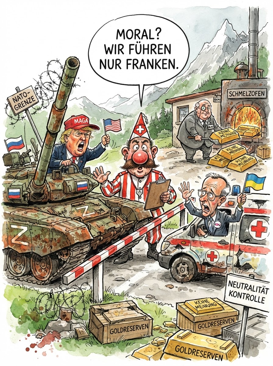 In Bern wächst die Angst vor der moralischen Ansteckung. Nachdem man es gewagt hatte, russische Oligarchengelder mit der Begeisterung eines laktoseintoleranten Käse-Sommeliers einzufrieren, fordert eine Initiative nun die Rückkehr zur klinischen Reinheit. Echte Neutralität bedeutet schließlich, dass ein Schweizer Konto so wertfrei bleibt wie eine Packung Toastbrot. Kritiker befürchten, dass das Land bei Annahme der Initiative selbst bei einer Alien-Invasion erst einmal prüfen müsste, ob die Invasoren ein Konto bei der UBS eröffnen wollen, bevor man das Wort Invasion auch nur denkt. Friedrich Merz beobachtet das Geschehen aus Berlin mit der Skepsis eines Mannes, der weiß, dass man Prinzipien nicht essen kann – es sei denn, sie sind aus Gold und in einem Hochsicherheitslager im Gotthardmassiv deponiert.