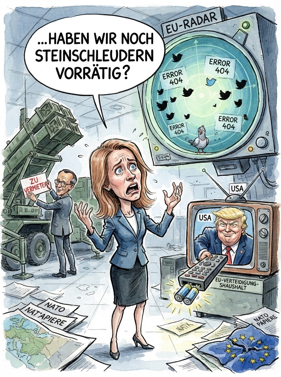Kaja Kallas hat das getan, was EU-Beauftragte am besten können: Sie hat einen Bericht lesen lassen. Das Ergebnis ist so ernüchternd wie ein verkaterter Morgen nach einer NATO-Gala. Während Friedrich Merz in Berlin noch darüber grübelt, ob man Flugabwehrraketen steuerlich absetzen kann, stellt Brüssel fest, dass die europäische Souveränität derzeit am seidenen Faden einer leeren Munitionskiste hängt. Die Lücken in der Luftverteidigung sind mittlerweile so groß, dass man sie bequem vom Weltraum aus sehen kann – vorausgesetzt, man hat noch einen funktionstüchtigen Satelliten im Orbit. Kallas mahnt zur Eile, doch in einem Verbund, in dem die Bestellung einer Kiste Patronen länger dauert als die Evolution des aufrechten Gangs, bleibt die Verteidigungsbereitschaft vorerst ein abstraktes Konzept, vergleichbar mit der Maut oder funktionsfähigem WLAN in der Regionalbahn.