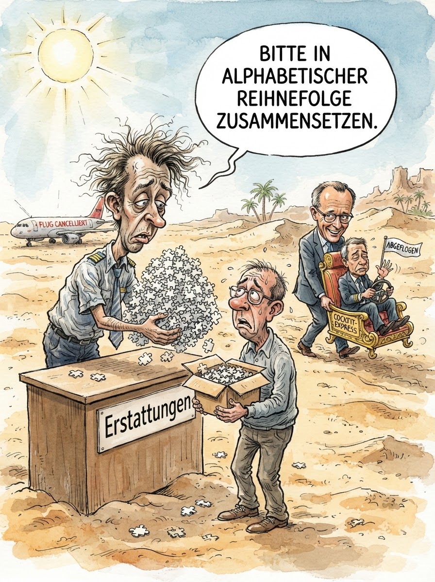 Fliegen bleibt das letzte große Abenteuer der Zivilisation, vor allem der Teil, in dem man versucht, sein Geld von einem Unternehmen zurückzufordern, das juristisch gesehen scheinbar nur aus einem Briefkasten auf den Cayman Islands und einer defekten Fax-Weiche besteht. Europäische Verbraucherschützer kritisieren nun die Praxis, Kunden bei Annullierungen in ein bürokratisches Bermudadreieck zwischen Airline und Online-Vermittler zu schicken. Es ist ein faszinierendes Geschäftsmodell: Man verkauft ein Produkt, liefert es nicht und behandelt den Käufer bei der Reklamation mit der Empathie eines Parkscheinautomaten. Kanzler Merz signalisierte zwar volles Verständnis für die Branche, schließlich wisse er selbst, wie teuer die Wartung eines Privatflugzeugs sei, doch die EU-Kommission besteht darauf, dass eine Erstattung nicht zwangsläufig das Ausfüllen von Formularen in althebräischer Keilschrift voraussetzen darf.