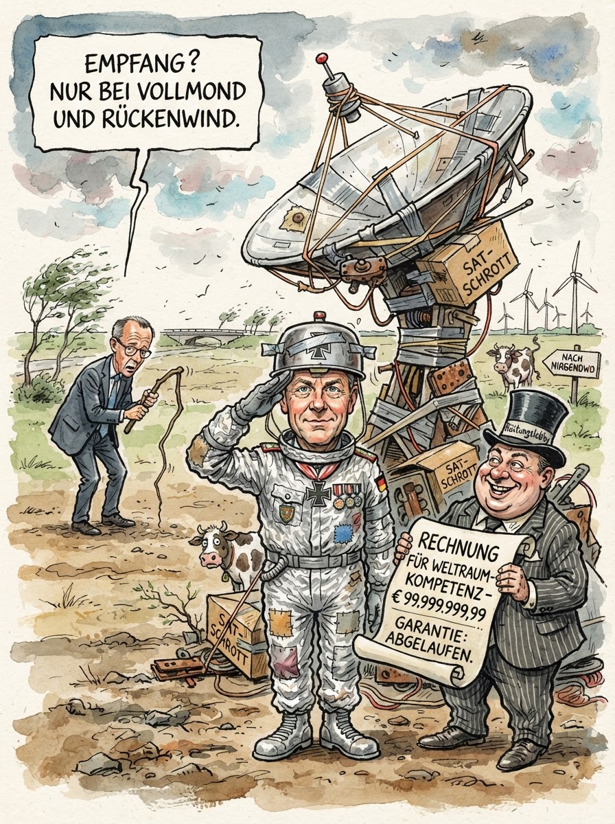 In Kalkar geschieht derzeit das, was man in Berlin eine strategische Annäherung nennt und im Rest der Welt als ein Date in der Besenkammer des Rüstungssektors bezeichnen würde. Die Bundeswehr und die Industrie kuscheln für die Sicherheit im Orbit. Modernste Satellitentechnik soll künftig dafür sorgen, dass unsere Truppen auch im fernen All den Überblick verlieren, während am Boden die Faxgeräte noch warm laufen. Kanzler Merz träumt von der Lufthoheit über dem Nichts, doch die Mission-K wirkt eher wie der Versuch, ein WLAN-Kabel zum Mars zu verlegen. Man verspricht Souveränität im Äther, doch solange die digitale Infrastruktur der Heimat den Charme einer verlassenen Telefonzelle versprüht, bleibt die Verteidigung der Sterne wohl eher ein teures Schattenspiel für Rüstungslobbyisten mit Sehnsucht nach Schwerelosigkeit.