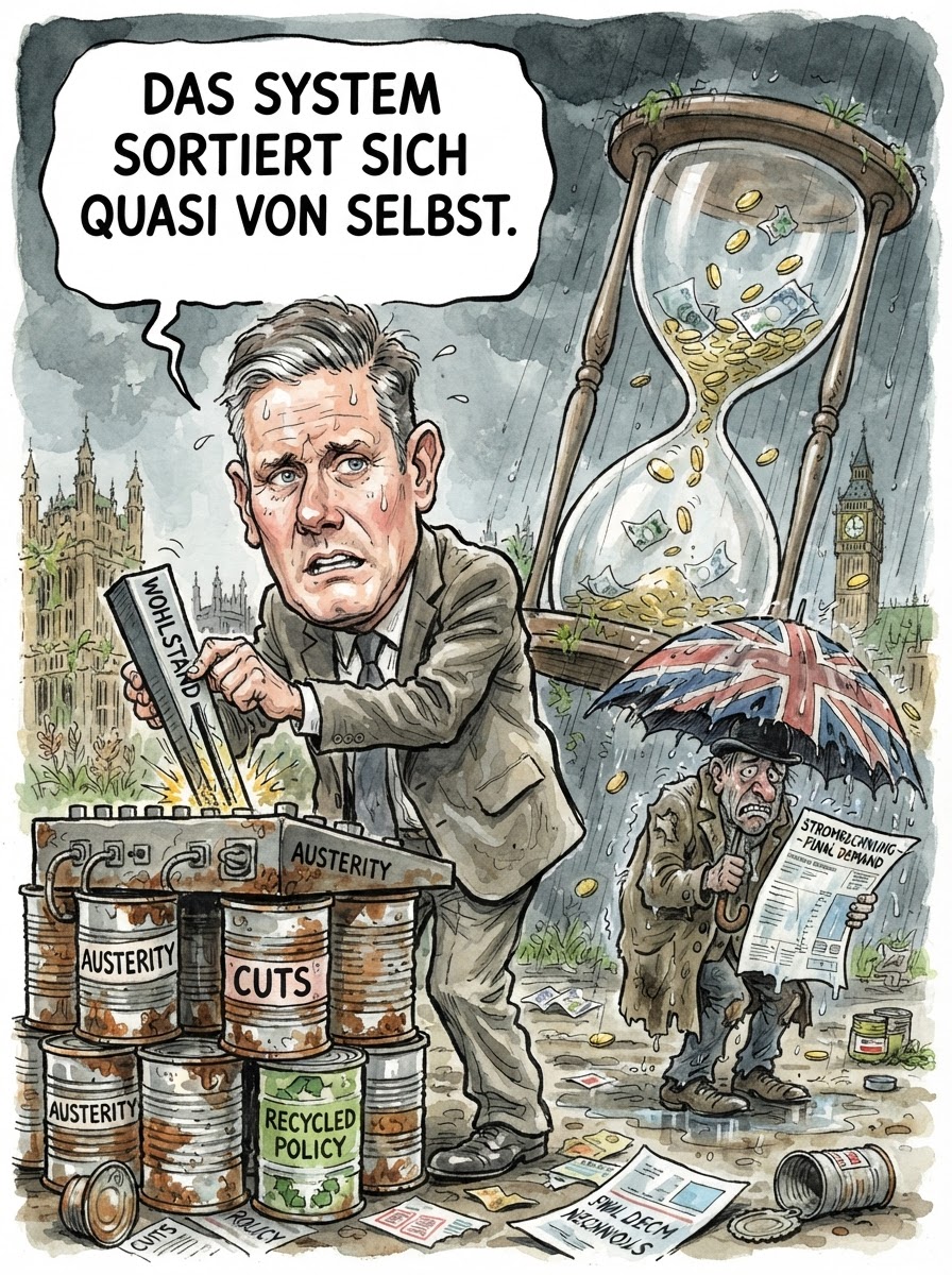 Premierminister Keir Starmer hat beim Labour-Parteitag umfassende Sozialreformen angekündigt, die so zukunftsgewandt wirken, als hätte man sie gerade erst in einer verstaubten Schublade der 70er Jahre wiederentdeckt. Um die Lebenshaltungskosten zu senken, setzt London auf eine radikale Neuzuweisung von Nichts an niemanden, verpackt in rhetorisches Hochglanzpapier. Während die britische Infrastruktur die Verlässlichkeit einer Schokoladenteekanne ausstrahlt, verspricht Starmer ein Sozialsystem, das so stabil ist wie das WLAN in einer walisischen Tropfsteinhöhle. Die langfristige Senkung der Kosten soll vor allem dadurch erreicht werden, dass die Bürger lernen, Stolz und Pathos statt Avocados zu konsumieren. In Downing Street ist man sich einig: Wenn man die Realität nur oft genug neu sortiert, fällt vielleicht irgendwann ein Pfund heraus, das noch etwas wert ist.