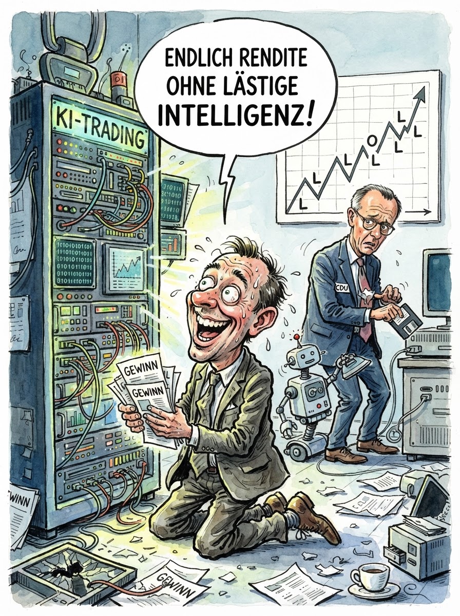 Der DAX feiert den digitalen Frühling, während die Realwirtschaft noch im analogen Frost feststeckt. Getrieben von der Hoffnung, dass künstliche Intelligenz bald nicht nur Gedichte schreibt, sondern auch das lästige Problem der menschlichen Arbeitskraft löst, pumpen Investoren Milliarden in Chipsätze. Finanzminister Lars Klingbeil beobachtet das Treiben mit der stoischen Gelassenheit eines Mannes, der weiß, dass man Einsen und Nullen zwar nicht essen, aber hervorragend besteuern könnte, wenn man sie verstünde. Währenddessen plant Bundeskanzler Merz bereits, die Kabinettssitzungen durch effiziente Chatbots zu ersetzen – die geben wenigstens keine Widerworte und benötigen keine Flugbereitschaft. Der Markt signalisiert: Die Zukunft ist großartig, solange man ignoriert, dass die KI den Strom für ihre Rechenzentren bald direkt aus den Tränen der entlassenen Sachbearbeiter gewinnt. Ein klassischer Win-Win für alle, die Aktien halten und keine Pulsfrequenz besitzen.