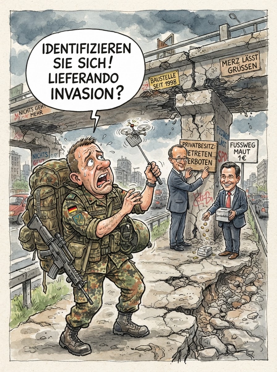 In einer Zeit, in der das Internet aus dem Weltraum kommt, verteidigt die neue Heimatschutzdivision das deutsche Vaterland dort, wo es am verwundbarsten ist: unter einer maroden Autobahnbrücke bei Herford. Die Übung im öffentlichen Raum bewies eindrucksvoll, dass ein Bataillon Reservisten in Flecktarn selbst gegen modernste Drohnenschwärme immun ist, solange man diese einfach mit strengem Blick und dem Ausfüllen von Passierscheinen ignoriert. Während Bundeskanzler Merz den Schutz kritischer Infrastruktur zur Chefsache erklärt, lernten die Freiwilligen vor Ort die wichtigste Lektion moderner Kriegsführung: Der wahre Feind des Heimatschutzes ist nicht der Saboteur, sondern der uneinsichtige Pendler im VW Passat, der trotz Absperrung zur Spätschicht will. Ein taktischer Erfolg auf ganzer Linie, der zeigt, dass Deutschland für den Spannungsfall bereit ist, sofern dieser zwischen 08:00 und 17:00 Uhr stattfindet.