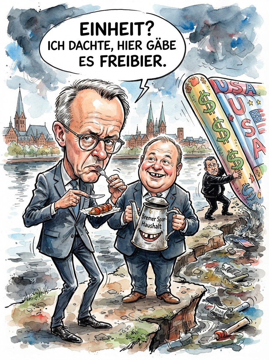 Wenn Bremen zur Festivalmeile wird, bedeutet das historisch gesehen meist, dass man für das Pfandflaschensammeln eine Genehmigung braucht. Zum Tag der Deutschen Einheit erwartet Bürgermeister Bovenschulte nun 400.000 Gäste, die in der kleinsten Landeshauptstadt der Welt nach dem suchen sollen, was Bundeskanzler Merz als 'Leitkultur' bezeichnet, aber meistens nur als überteuerte Bratwurst endet. Während Frank-Walter Steinmeier in gewohnt staatstragender Agonie über das Zusammenwachsen spricht, versucht die Stadt, die 700 Veranstaltungen so zu koordinieren, dass niemand merkt, dass die Infrastruktur bereits bei drei gleichzeitig einfahrenden Regionalbahnen kapituliert. Es ist die gelebte Einheit: Man teilt sich den Frust über die Verspätung, den Regen und die Tatsache, dass man für diesen Anlass ausgerechnet nach Bremen geschickt wurde.
