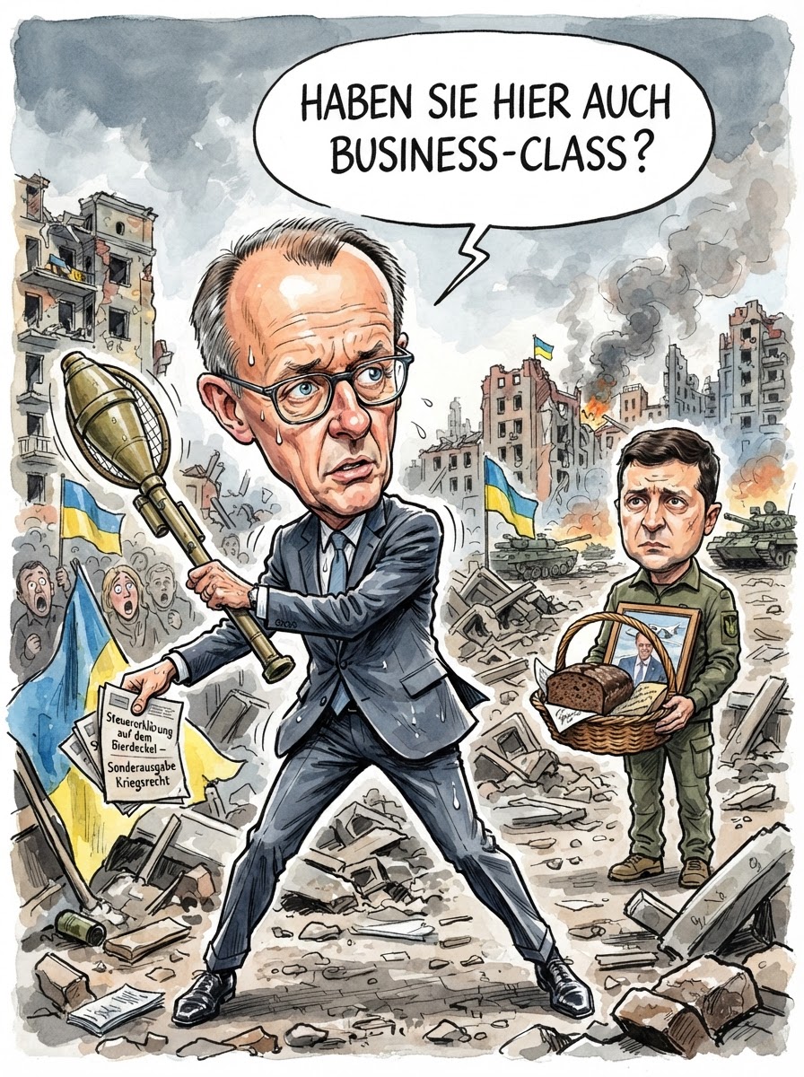 Bundeskanzler Friedrich Merz ist zu einem Solidaritätsbesuch in Kiew eingetroffen, um über weitere militärische Unterstützung zu beraten. Nach der Landung mit seinem Privatjet auf einer provisorischen Piste betonte Merz, dass Freiheit vor allem die Freiheit des Marktes bedeute und Schützenpanzer letztlich auch nur Leasingobjekte mit erhöhtem Verschleiß seien. Die von Russland ausgesprochenen Reisewarnungen ignorierte der Kanzler gewohnt schneidig; er wies darauf hin, dass die Flugverbotszone über der Ukraine für Inhaber einer Gold-Kreditkarte ohnehin nur als unverbindliche Empfehlung gelte. Regierungssprecher deuteten an, dass Merz dem ukrainischen Präsidenten Selenskyj ein innovatives Kreislaufmodell vorgeschlagen habe: Waffenlieferungen gegen die exklusive Lizenz für die Kiewer Parkraumbewirtschaftung. Sollte die Offensive stocken, erwäge das Kanzleramt zudem, die russische Armee einfach durch ein langwieriges Insolvenzverfahren in Eigenverwaltung moralisch zu zermürben. Am Ende des Gesprächs versprach Merz, die Ukraine so lange zu unterstützen, bis die erste Filiale der Sauerländer Sparkasse in Mariupol eröffnet.