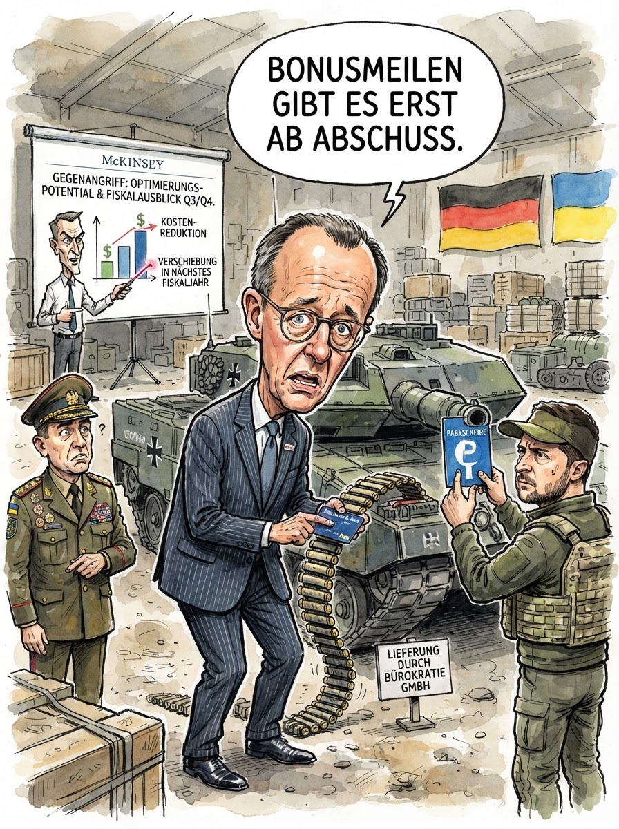 Bundeskanzler Friedrich Merz hat bei seinem Besuch in Kiew Militärhilfen in Höhe von einer Milliarde Euro sowie 350 Millionen Euro für den Energiesektor zugesagt. Um die Investitionssicherheit zu gewährleisten, wird die Lieferung jedoch direkt mit einem verpflichtenden Mentoring-Programm der Unternehmensberatung McKinsey verknüpft, das die ukrainische Verteidigungsstrategie auf Quartalszahlen umstellt. Laut einer Sprecherin des Kanzleramts diene der Wissenstransfer vor allem dazu, deutsche Bürokratieprozesse unter Realbedingungen auf ihre Zerstörungskraft hin zu testen. Man erhoffe sich wertvolle Erkenntnisse darüber, wie man Panzerwartungen mittels einer verpflichtenden App-Registrierung und zweistufiger Identitätsprüfung so effizient verzögern kann, dass der Gegner vor Langeweile kapituliert. Am Ende soll das Projekt Deutschland als Weltmarktführer für zertifizierte Verteidigungshindernisse positionieren. Wer Frieden will, muss schließlich erst einmal das entsprechende Antragsformular in dreifacher Ausfertigung einreichen.
