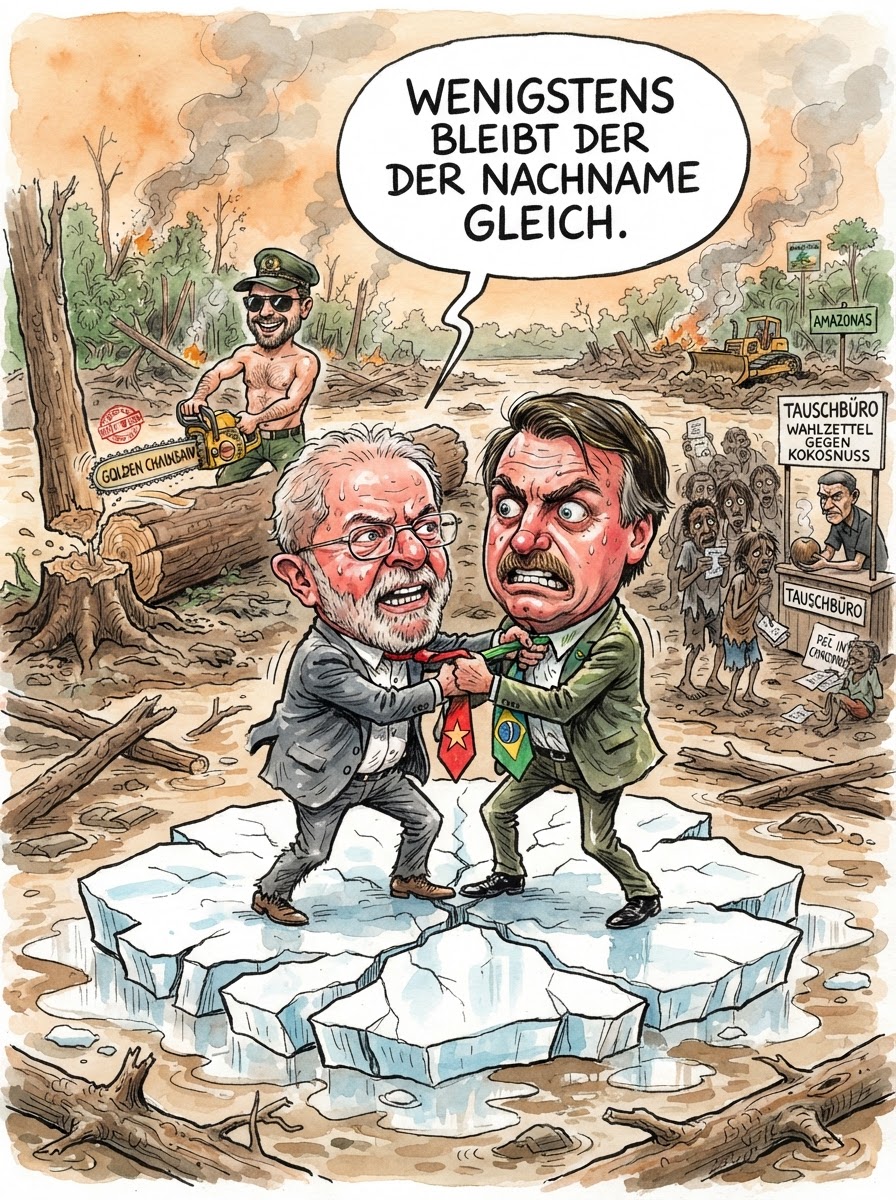 Bei der Präsidentschaftswahl in Brasilien müssen Jair Bolsonaro und Lula da Silva in die Stichwahl, während Bolsonaros Sohn bereits als lachender Dritter in den Startlöchern steht. Dass die Wählerschaft angesichts explodierender Preise und grassierender Kriminalität ausgerechnet auf die Fortsetzung einer Familiensaga setzt, zeugt von einem Optimismus, der sonst nur beim Kauf von Restposten-Aktien an der Copacabana anzutreffen ist. Ein Sprecher der Wahlkommission erklärte trocken, man habe die Wahlurnen vorsorglich mit Beruhigungsmitteln beschichtet, um den Puls der Nation unter dem Siedepunkt zu halten. Während Europa noch rätselt, ob Rechtsruck eine Tanzsportart oder ein politisches Schicksal ist, demonstriert Brasilien, dass man ein brennendes Haus am besten löscht, indem man den Benzinkanister an die nächste Generation vererbt. Am Ende gewinnt vermutlich ohnehin die Inflation, da sie als einzige Kandidatin ihr Wahlversprechen auf tägliches Wachstum konsequent einhält.