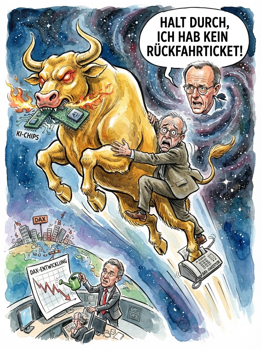 Der deutsche Leitindex DAX profitiert aktuell massiv von den Rekordhochs des US-Technologieindex Nasdaq und startet mit einer Euphorie in den Handel, die man sonst nur aus den Warteschlangen vor Berliner Tafel-Ausgaben kennt. Während in Übersee Algorithmen die Zukunft kaufen, setzt man in Frankfurt darauf, dass das Mitziehen im Windschatten ausreicht, um die strukturelle Trägheit der heimischen Industrie zu kaschieren. Ein Sprecher der Frankfurter Börse betonte, dass der DAX zwar technologisch eher einer Dampflokomotive mit WLAN-Stick gleiche, man aber die amerikanische Goldgräberstimmung erfolgreich in deutsche Grundsatzdiskussionen übersetzen könne. Finanzminister Lars Klingbeil wertete die Kursgewinne bereits als Bestätigung seiner Politik der sanften Vernunft, auch wenn die Gewinne primär darauf basieren, dass Anleger in New York aus Versehen auf den falschen Button geklickt haben. So bleibt der DAX das, was er schon immer war: Ein ökonomisches Daumenkino, das Wohlstand simuliert, solange die Amerikaner das Licht anlassen.