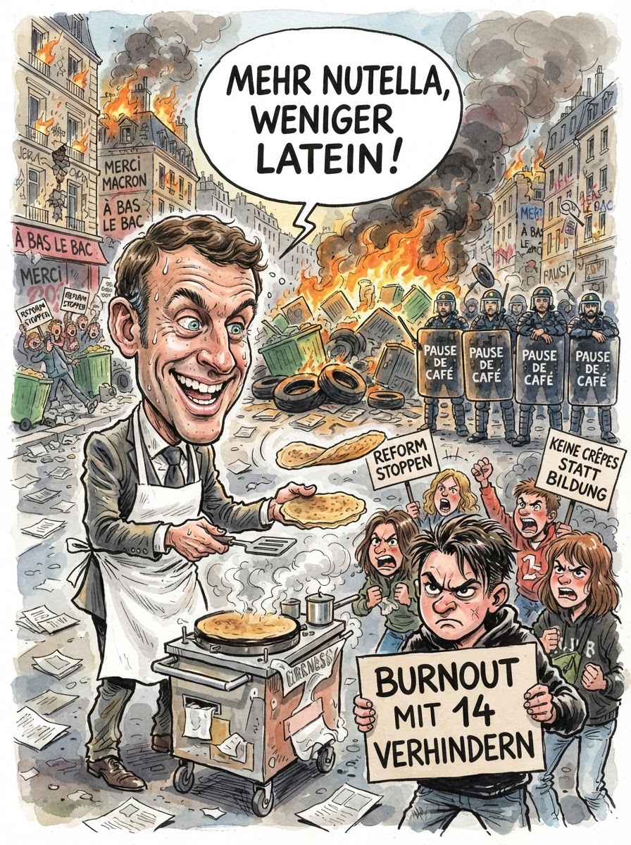 In Frankreich haben landesweite Schülerproteste und Blockaden an Gymnasien einen neuen Höhepunkt erreicht, wobei sich nun auch Gewerkschaften mit den Jugendlichen solidarisieren. Die Demonstrierenden fordern eine drastische Senkung des Leistungsdrucks sowie die Einführung einer gesetzlichen Pause nach jedem Satzanfang. Ein Sprecher des Bildungsministeriums betonte, man verstehe den Unmut, müsse aber darauf hinweisen, dass das bloße Anzünden von Mülltonnen im Lehrplan für Sozialkunde lediglich als Wahlpflichtfach gelte. Während die Polizei versucht, die Barrikaden mit Wasserwerfern zu räumen, nutzen die Schüler die Feuchtigkeit für spontane Hautpflege-Workshops. Präsident Emmanuel Macron kündigte an, den Dialog zu suchen, sobald er herausgefunden hat, wie man die neue Meditations-App der Regierung gegen Tränengas-Aversionen einsetzt. Am Ende bleibt die Erkenntnis, dass französischer Widerstand die einzige Konstante ist, die selbst die Schwerkraft überdauern würde.