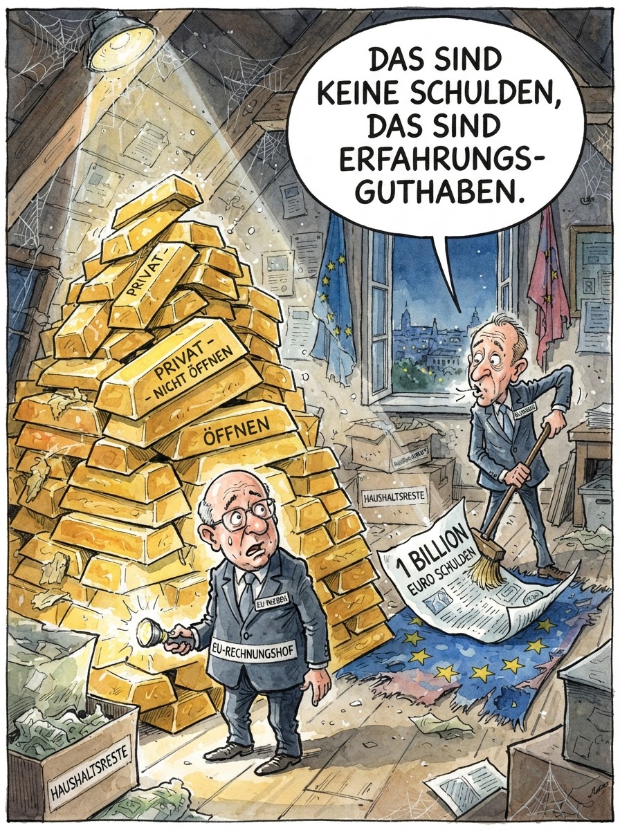 Der Europäische Rechnungshof warnt eindringlich vor der Rekordverschuldung der EU, die bis 2027 die Marke von einer Billion Euro durchbrechen könnte. Während Brüsseler Beamte die Summe als Investition in die Ewigkeit tarnen, verweisen die Prüfer auf Unregelmäßigkeiten in Milliardenhöhe, die so diskret verschwunden sind wie ein Anstandswauwau bei einer Berliner Vernissage. Finanzminister Lars Klingbeil beruhigte die Gemüter mit dem Hinweis, dass eine Billion lediglich eine Eins mit zwölf Nullen sei, was im Grunde die exakte Stellenbeschreibung eines durchschnittlichen EU-Ausschusses widerspiegle. Man plane nun, die Schuldenlast durch den Verkauf von exklusiven Namensrechten für Schlaglöcher in Osteuropa zu refinanzieren. Am Ende bleibt die Erkenntnis, dass Geld in Brüssel physikalischen Gesetzen folgt: Es kann weder erschaffen noch vernichtet werden, es wechselt lediglich in Taschen, für die es keine Belege gibt.