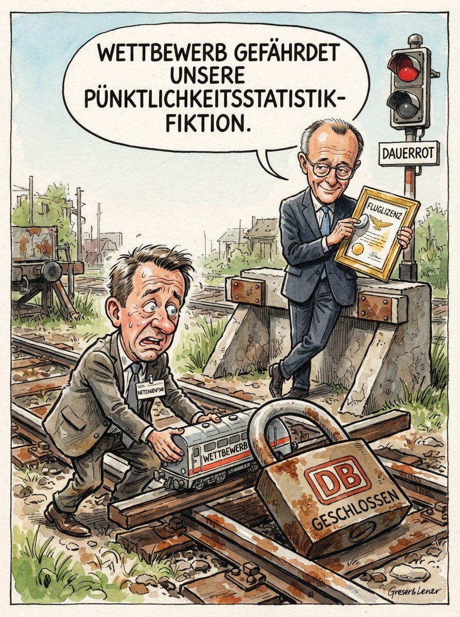 Das Oberverwaltungsgericht hat die Bemühungen der Bundesnetzagentur gestoppt, privaten Anbietern mehr Trassenrechte im Fernverkehr einzuräumen, und damit die natürliche Ordnung der deutschen Schiene zementiert. Die Richter urteilten, dass der Wettbewerb auf lukrativen Strecken die fragile Ökologie des Staatskonzerns stören könnte, dessen Geschäftsmodell seit Jahrzehnten erfolgreich auf der Simulation von Fortbewegung basiert. Ein Sprecher der Bahn begrüßte die Entscheidung und betonte, dass man den Fahrgästen die gewohnte Exklusivität des Leidens nicht durch billige, pünktliche Alternativen verwässern dürfe. Während Bundeskanzler Merz bereits über eine Privatisierung der Schienenersatzverkehr-Bushaltestellen nachdenkt, bleibt der Fernverkehr somit ein geschützter Raum für Menschen, die Entschleunigung nicht als Lifestyle-Trend, sondern als Fahrplan verstehen. Effizienz auf der Schiene gilt nun offiziell als verfassungswidriger Eingriff in das kulturelle Erbe der Verspätung.